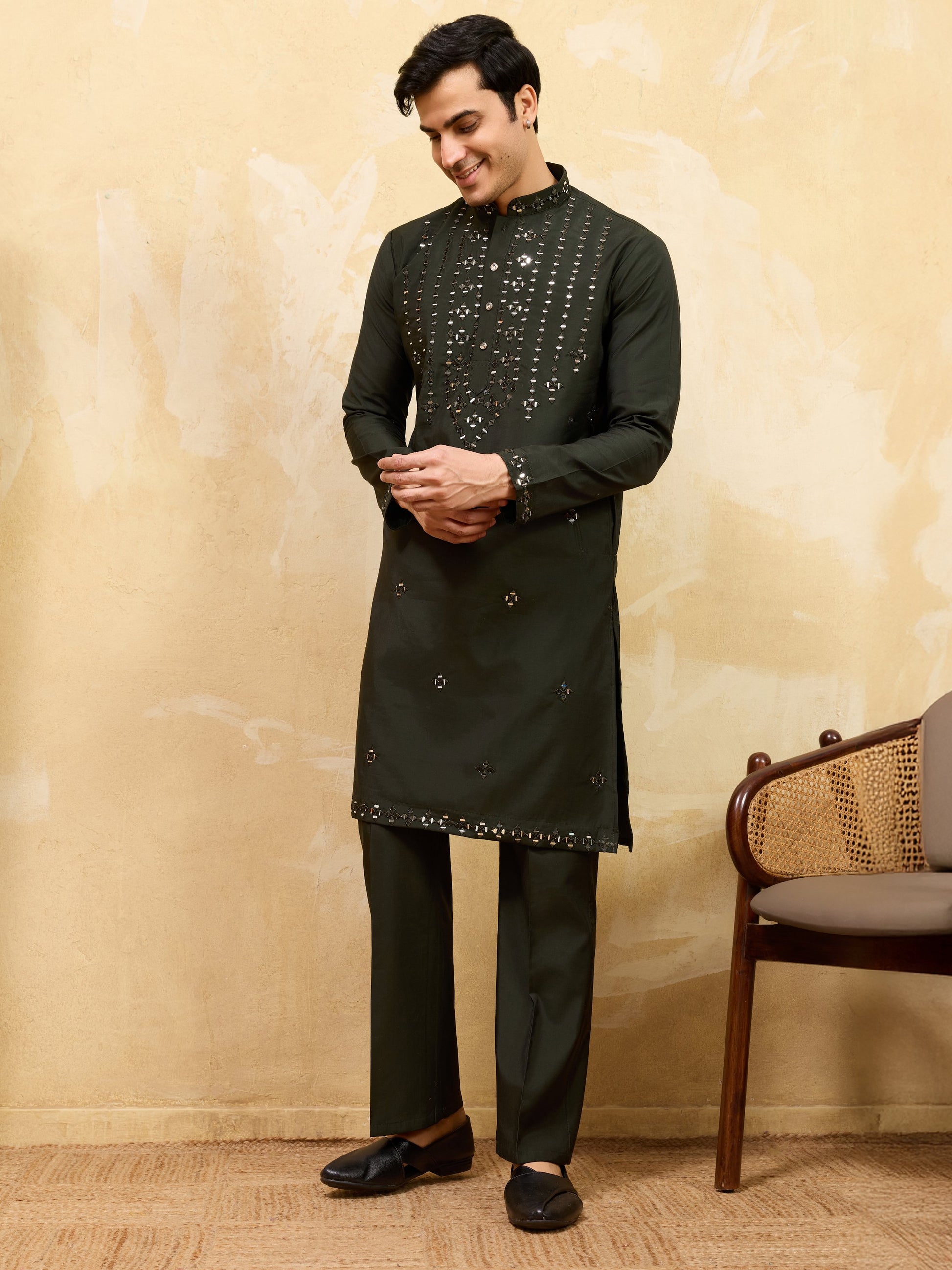 Fantabulous Black Thread Work Viscose Silk Eid Special Men's Kurta