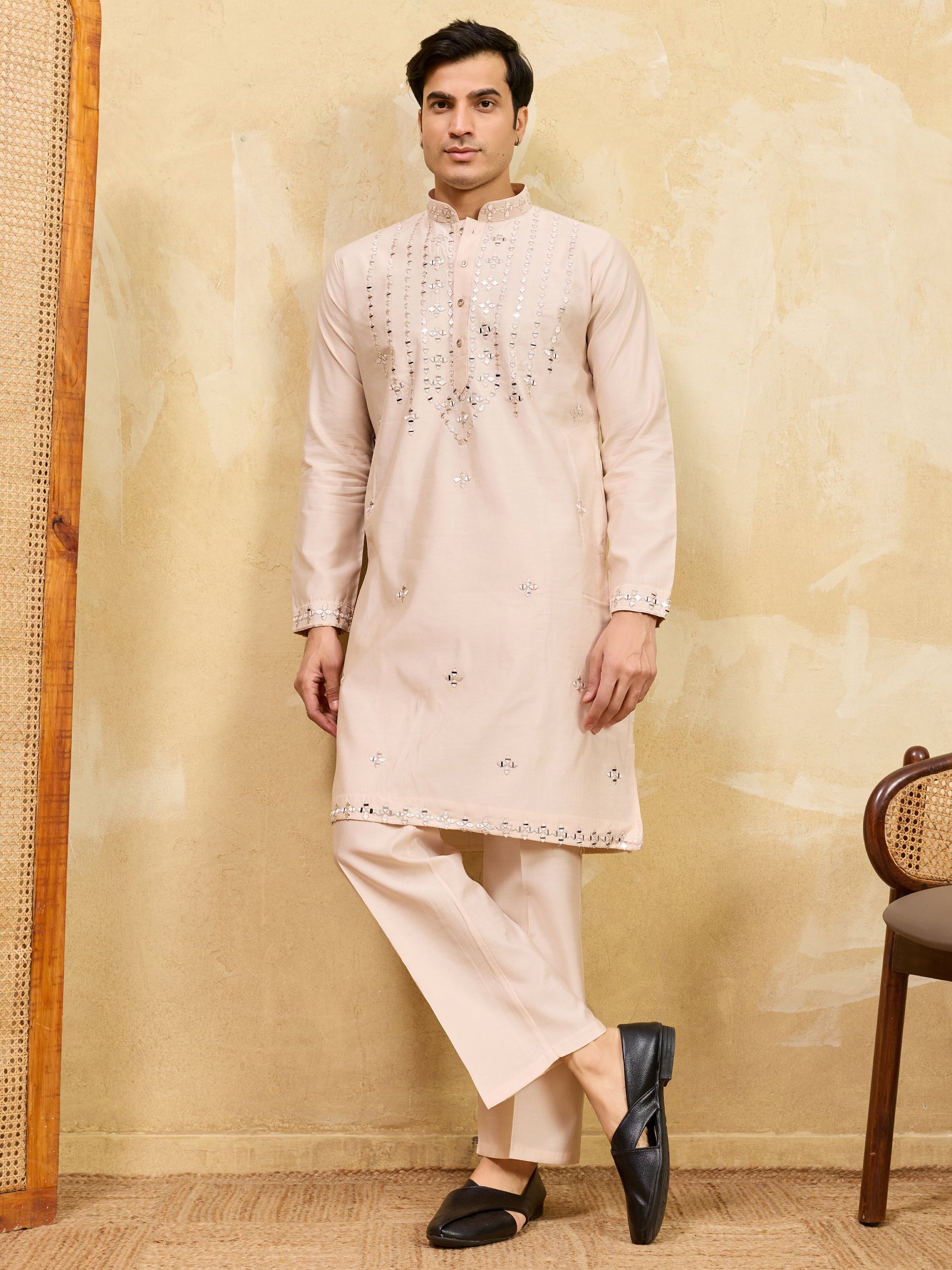 Grand Beige Mirror Work Viscose Silk Event Wear Men's Kurta
