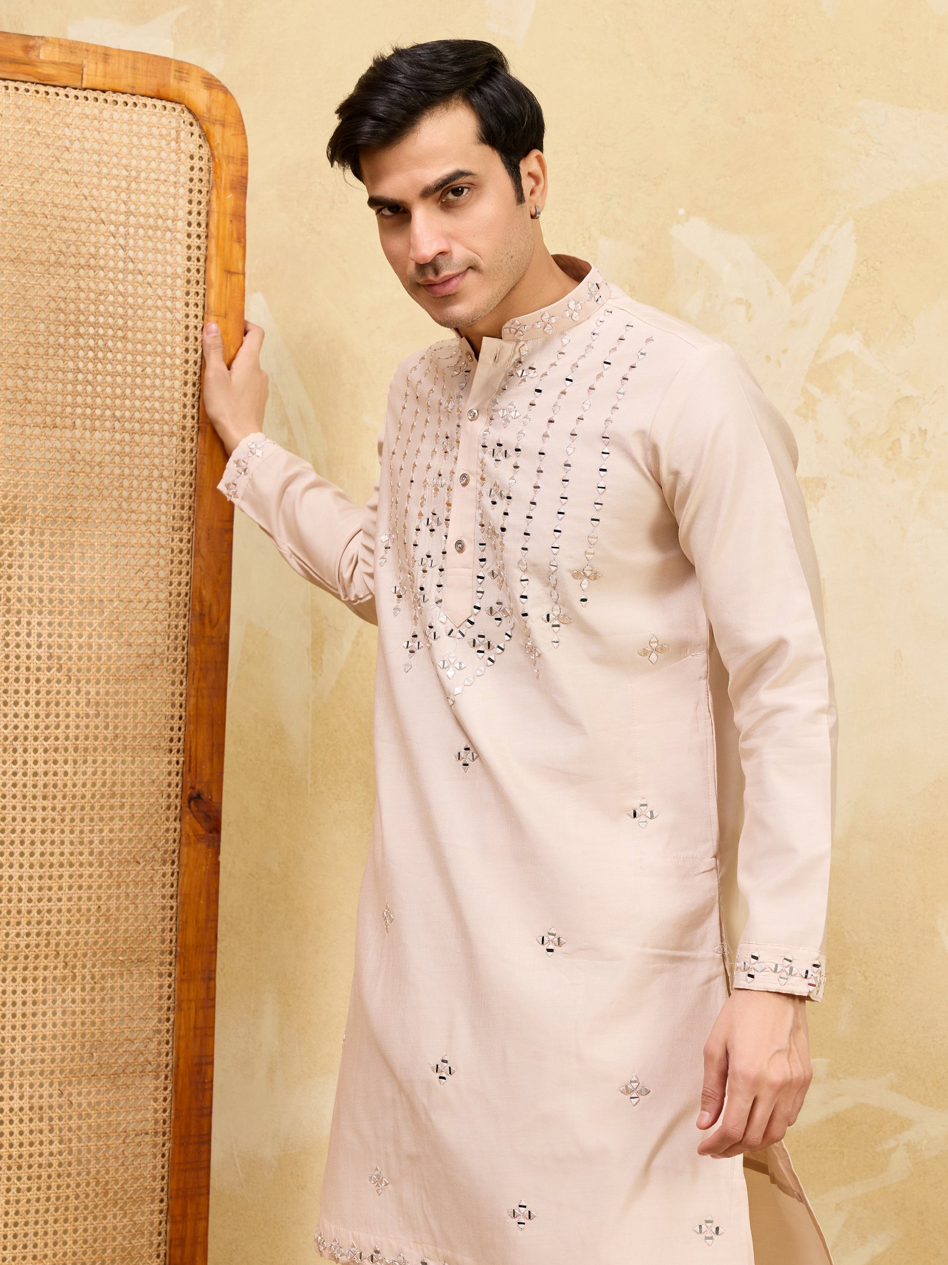 Grand Beige Mirror Work Viscose Silk Event Wear Men's Kurta