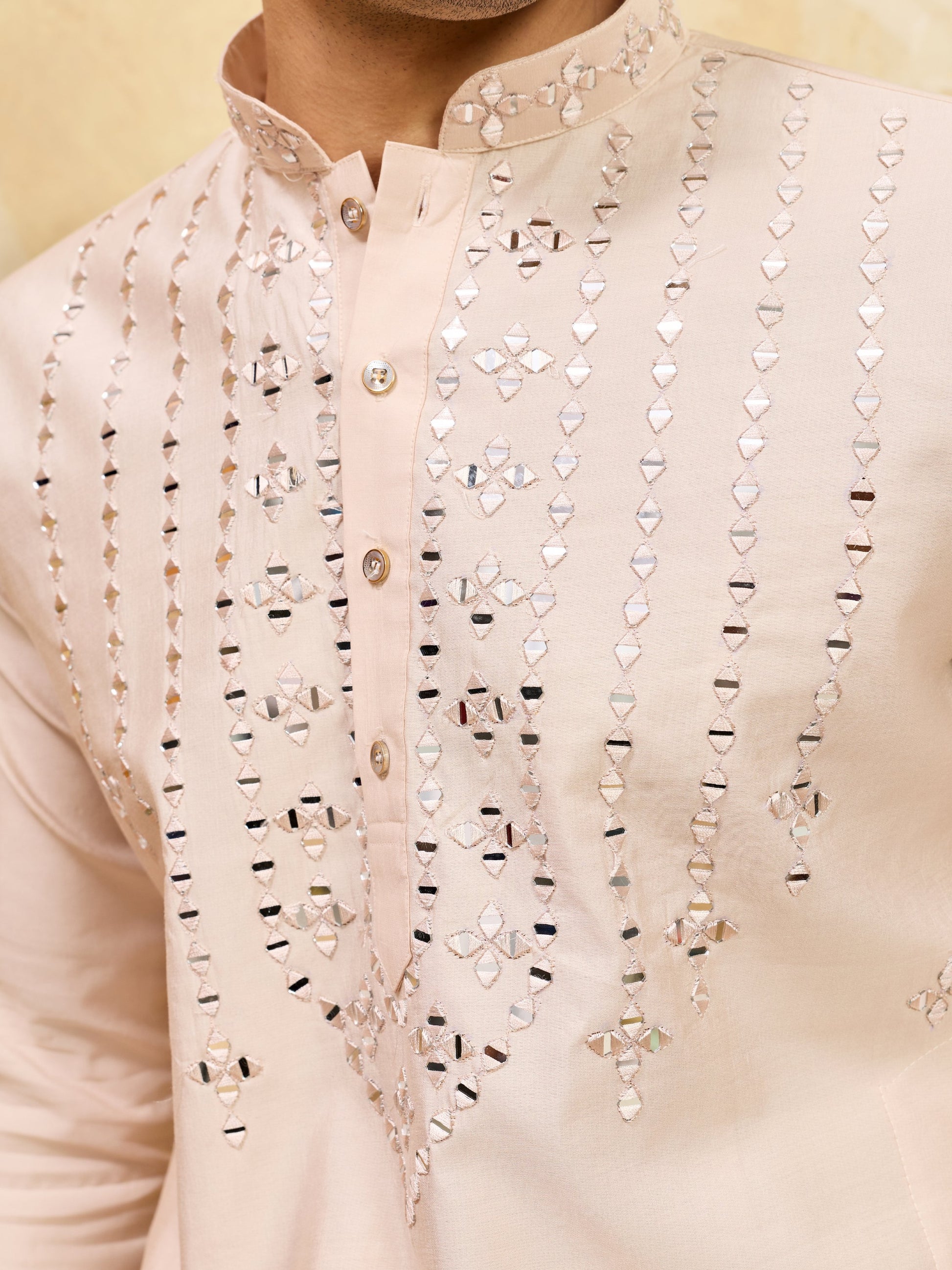 Grand Beige Mirror Work Viscose Silk Event Wear Men's Kurta