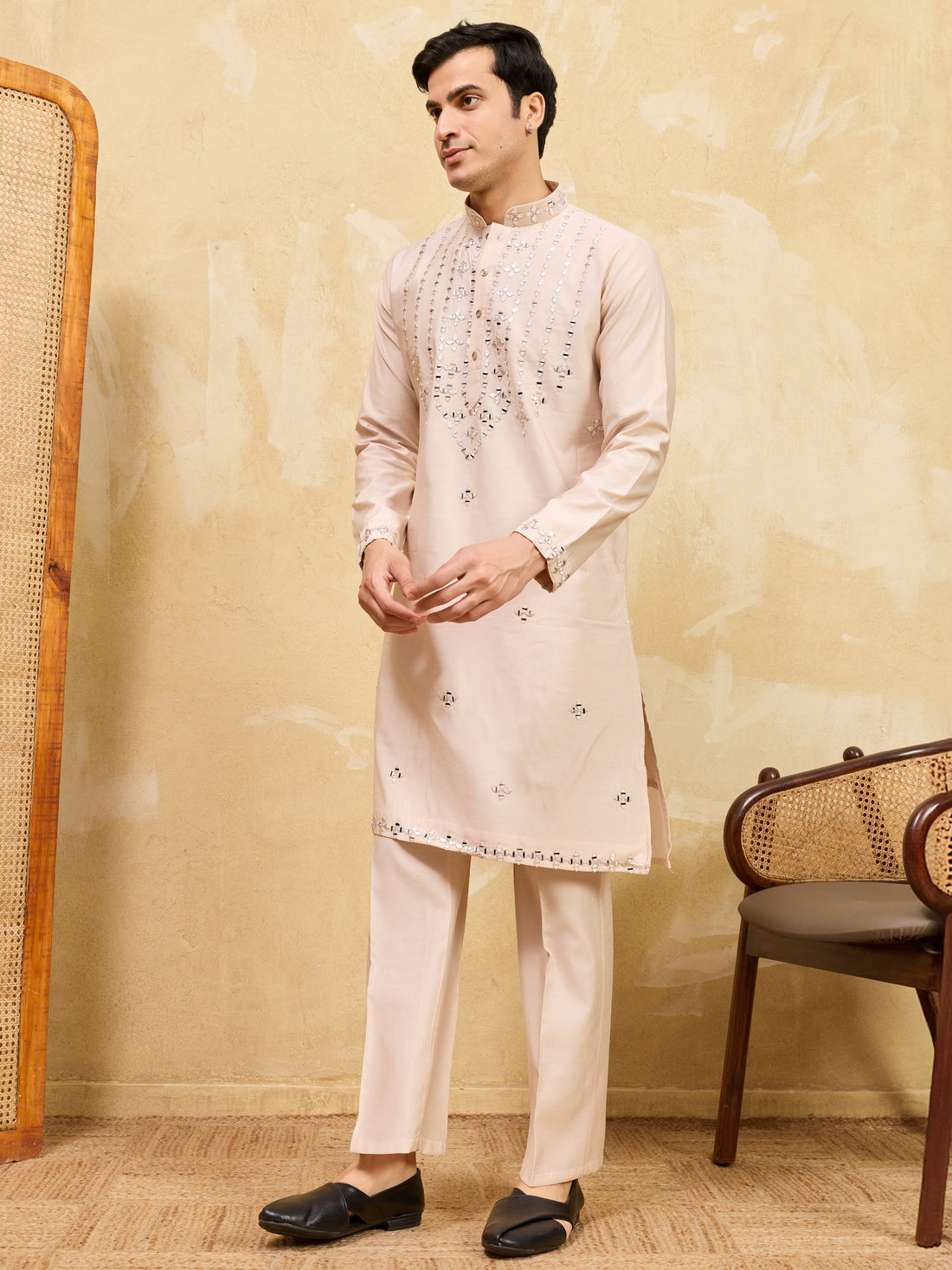 Grand Beige Mirror Work Viscose Silk Event Wear Men's Kurta