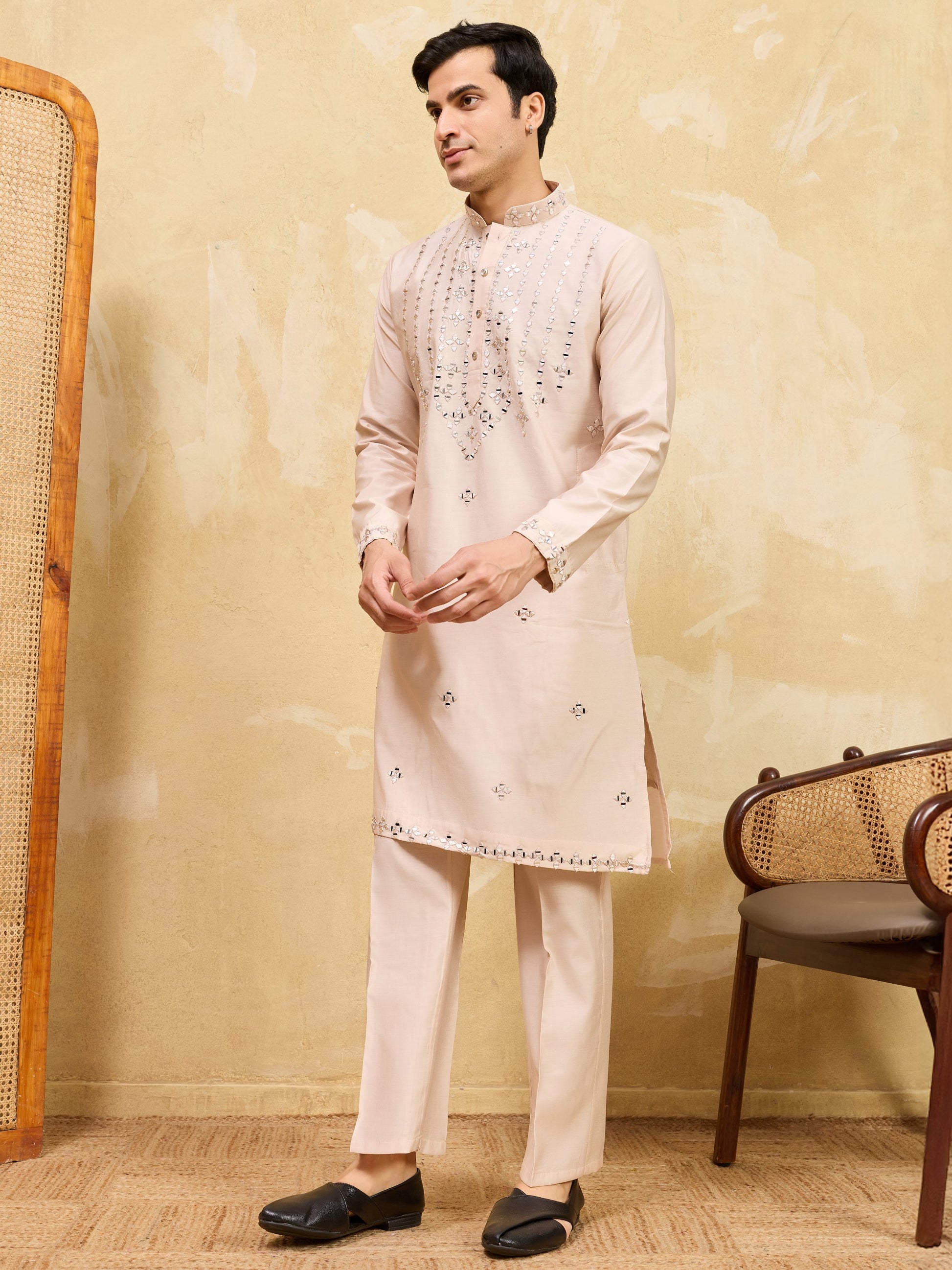 Grand Beige Mirror Work Viscose Silk Event Wear Men's Kurta