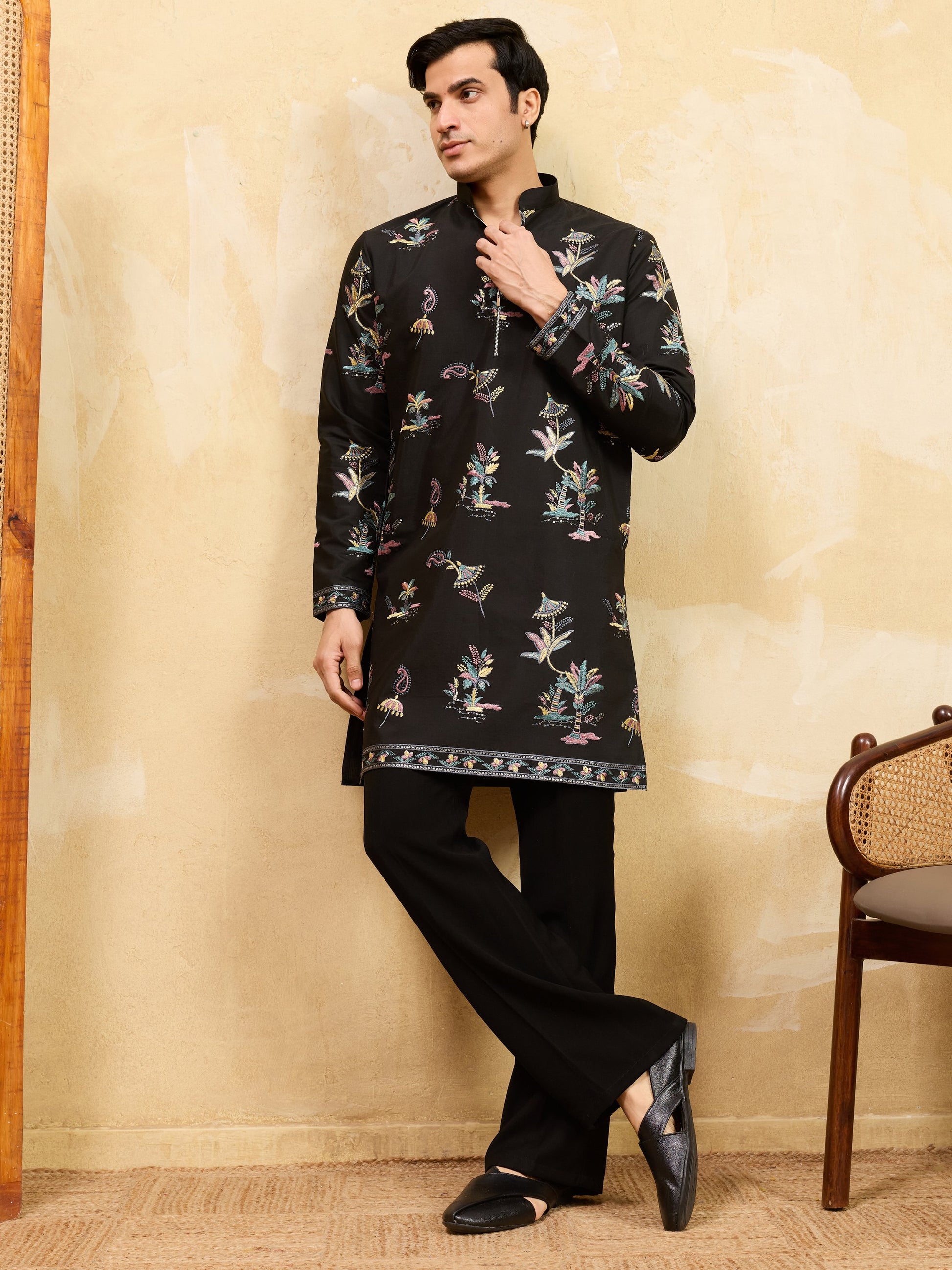 Incredible Black Multi Thread Work Viscose Silk Eid Special Men's Kurta