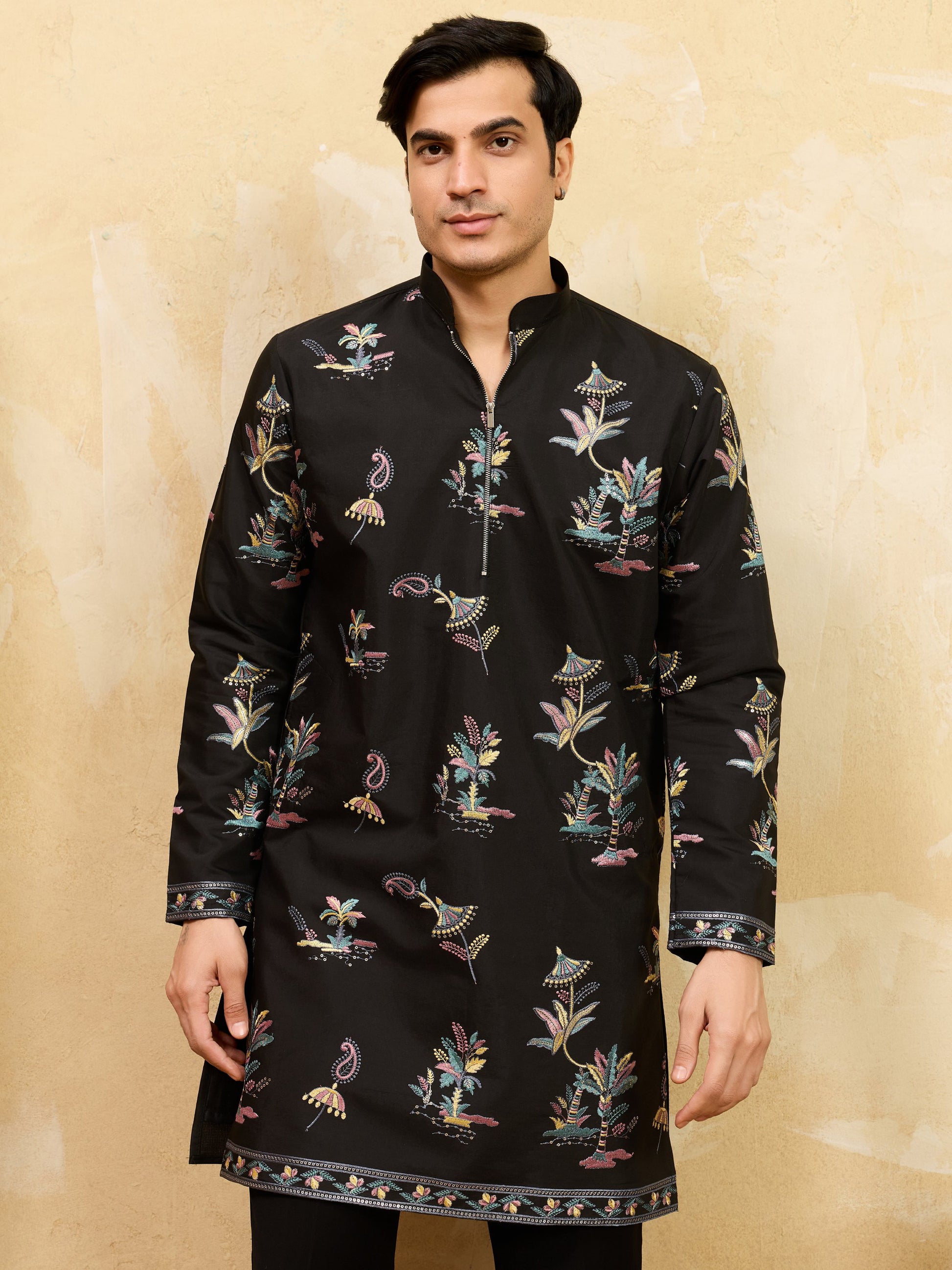 Incredible Black Multi Thread Work Viscose Silk Eid Special Men's Kurta