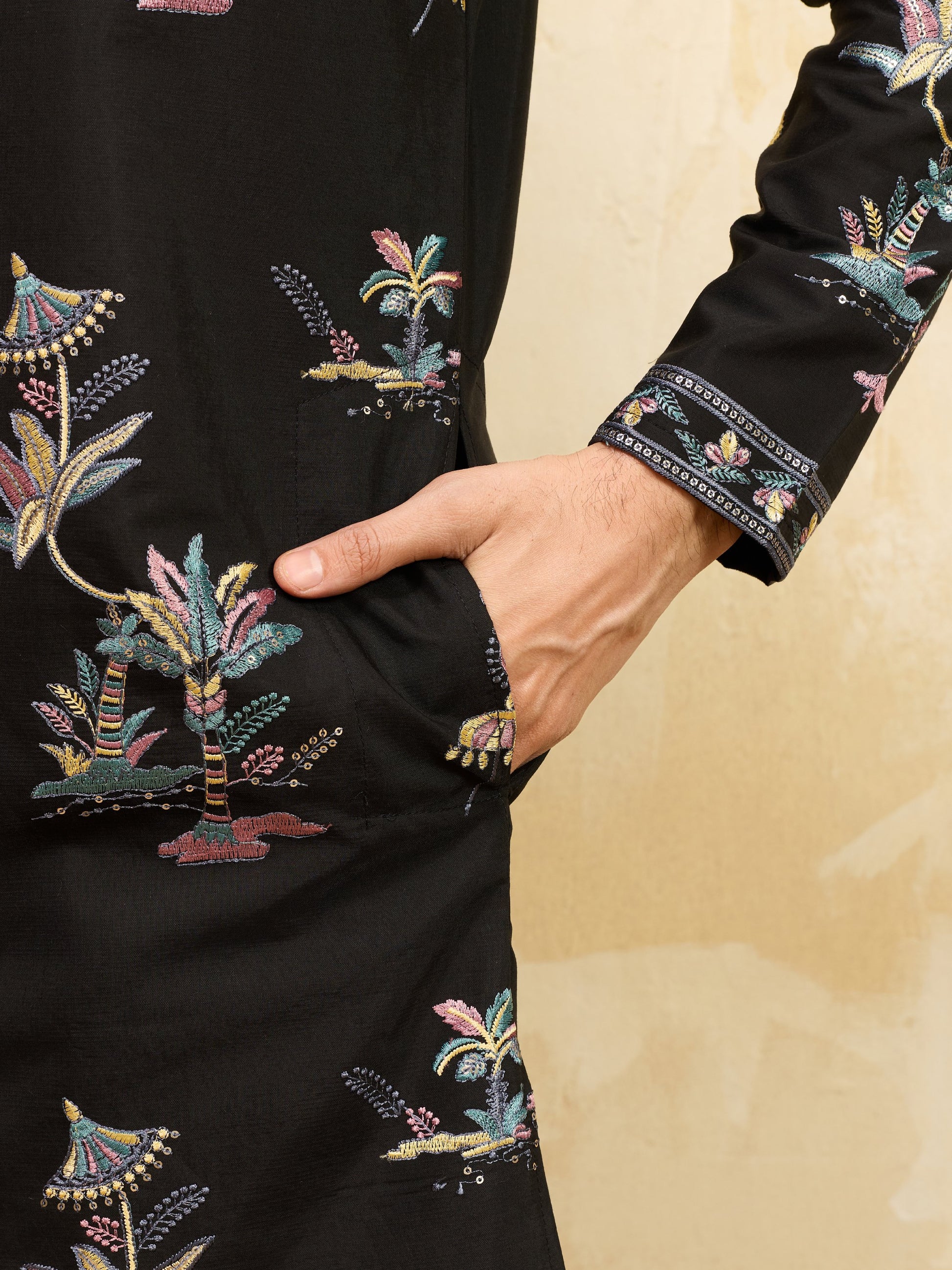 Incredible Black Multi Thread Work Viscose Silk Eid Special Men's Kurta