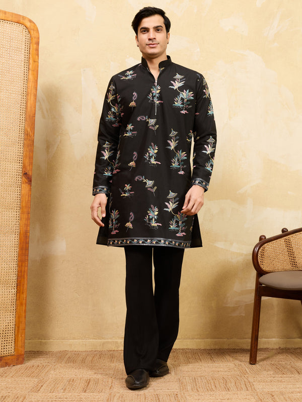 Incredible Black Multi Thread Work Viscose Silk Eid Special Men's Kurta
