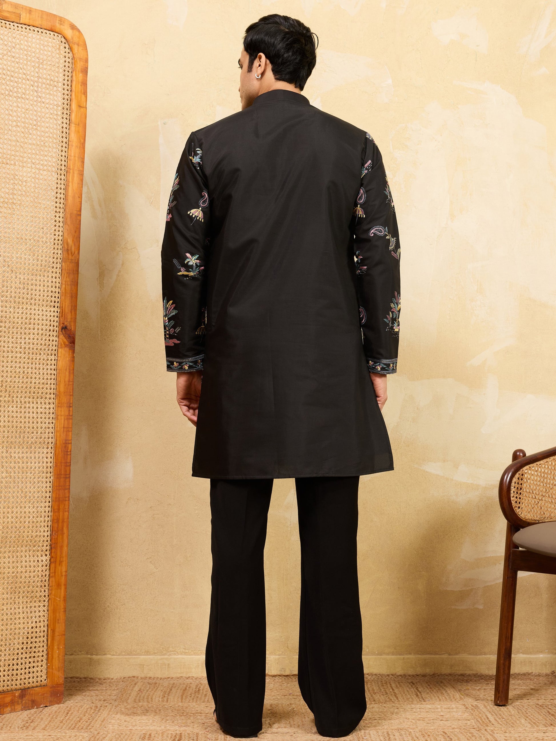 Incredible Black Multi Thread Work Viscose Silk Eid Special Men's Kurta