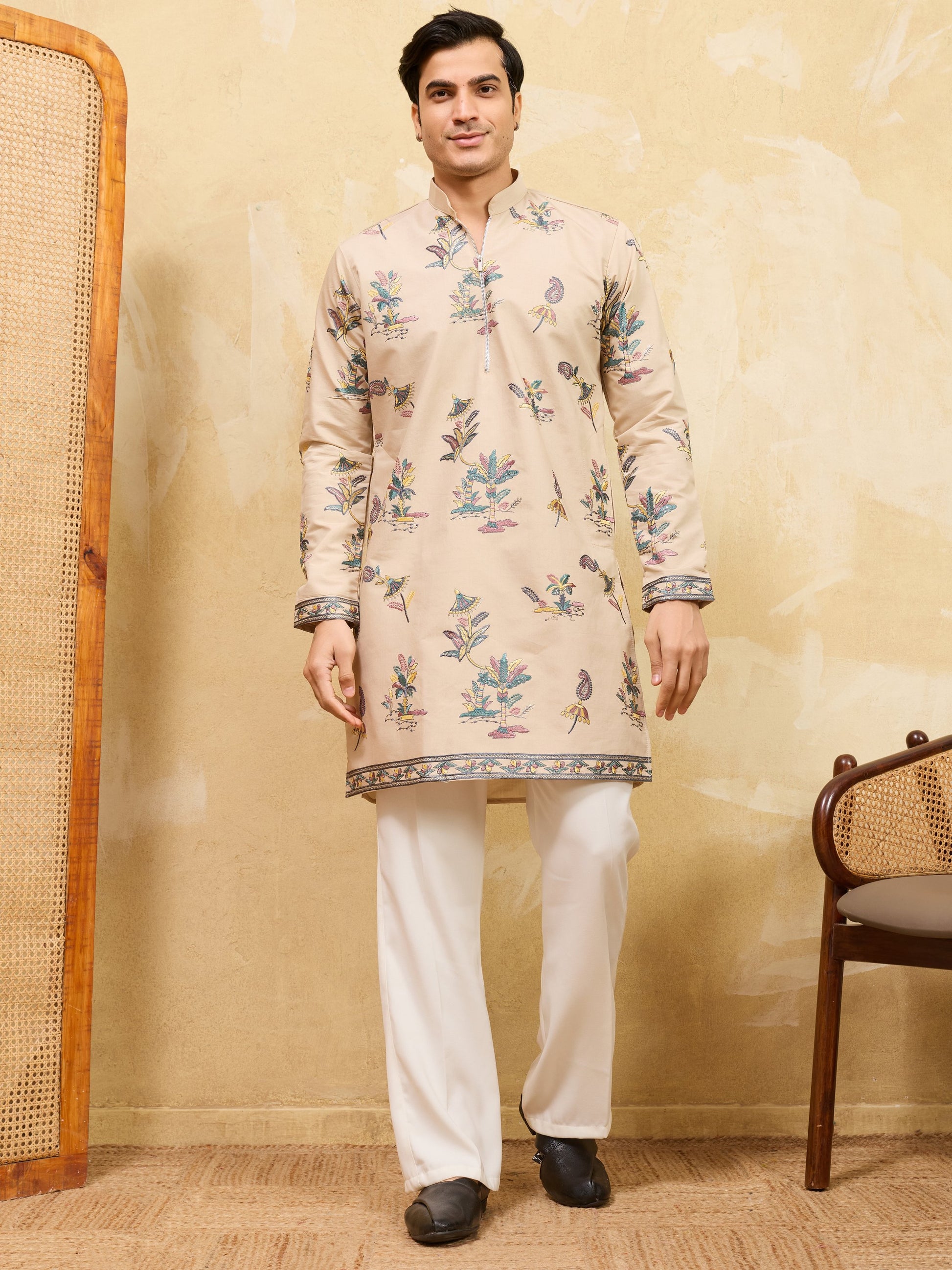 Awesome Beige Thread Embroidery Viscose Silk Festive Wear Men's Kurta