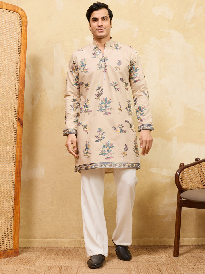 Awesome Beige Thread Embroidery Viscose Silk Festive Wear Men's Kurta