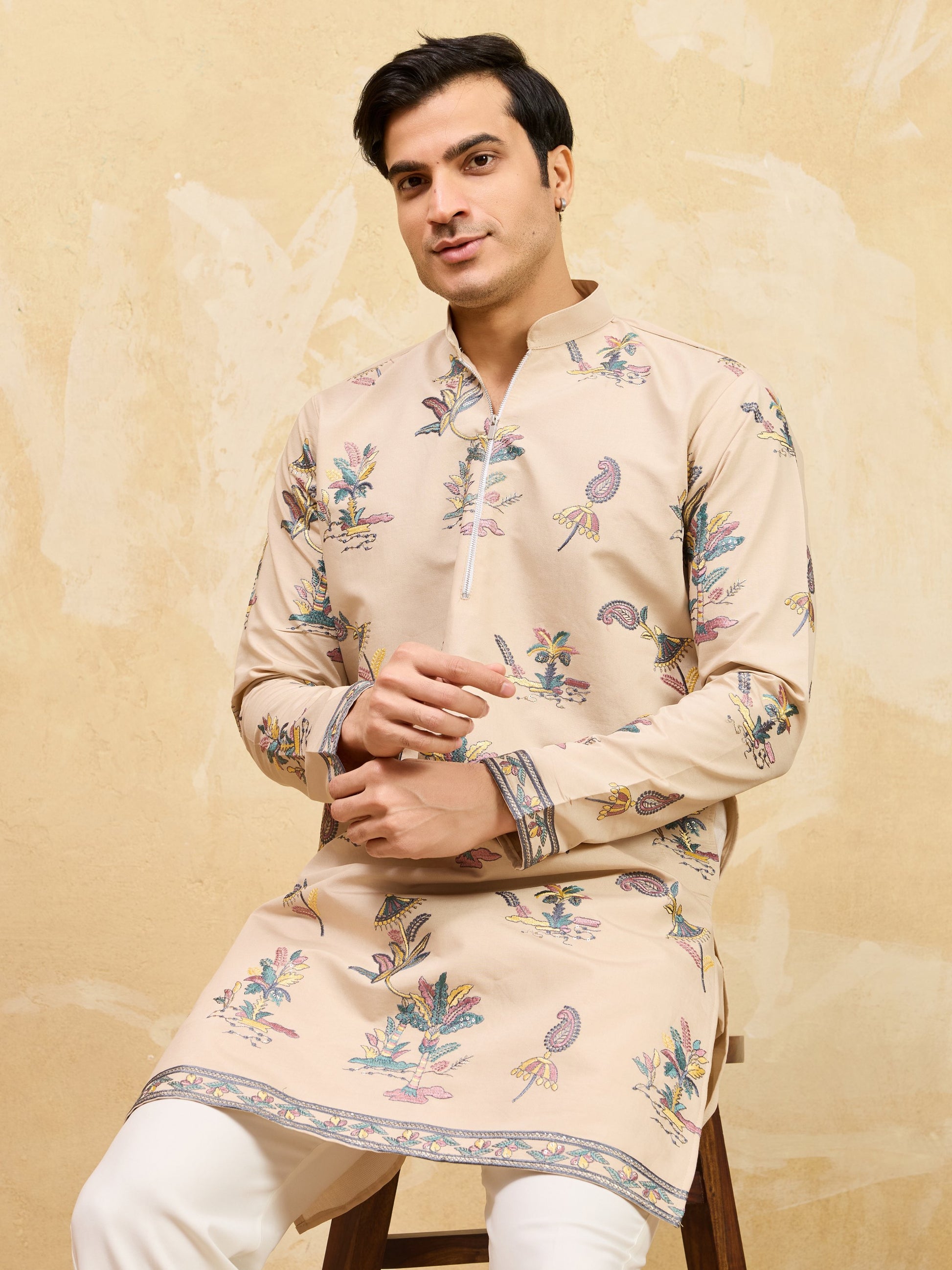 Awesome Beige Thread Embroidery Viscose Silk Festive Wear Men's Kurta