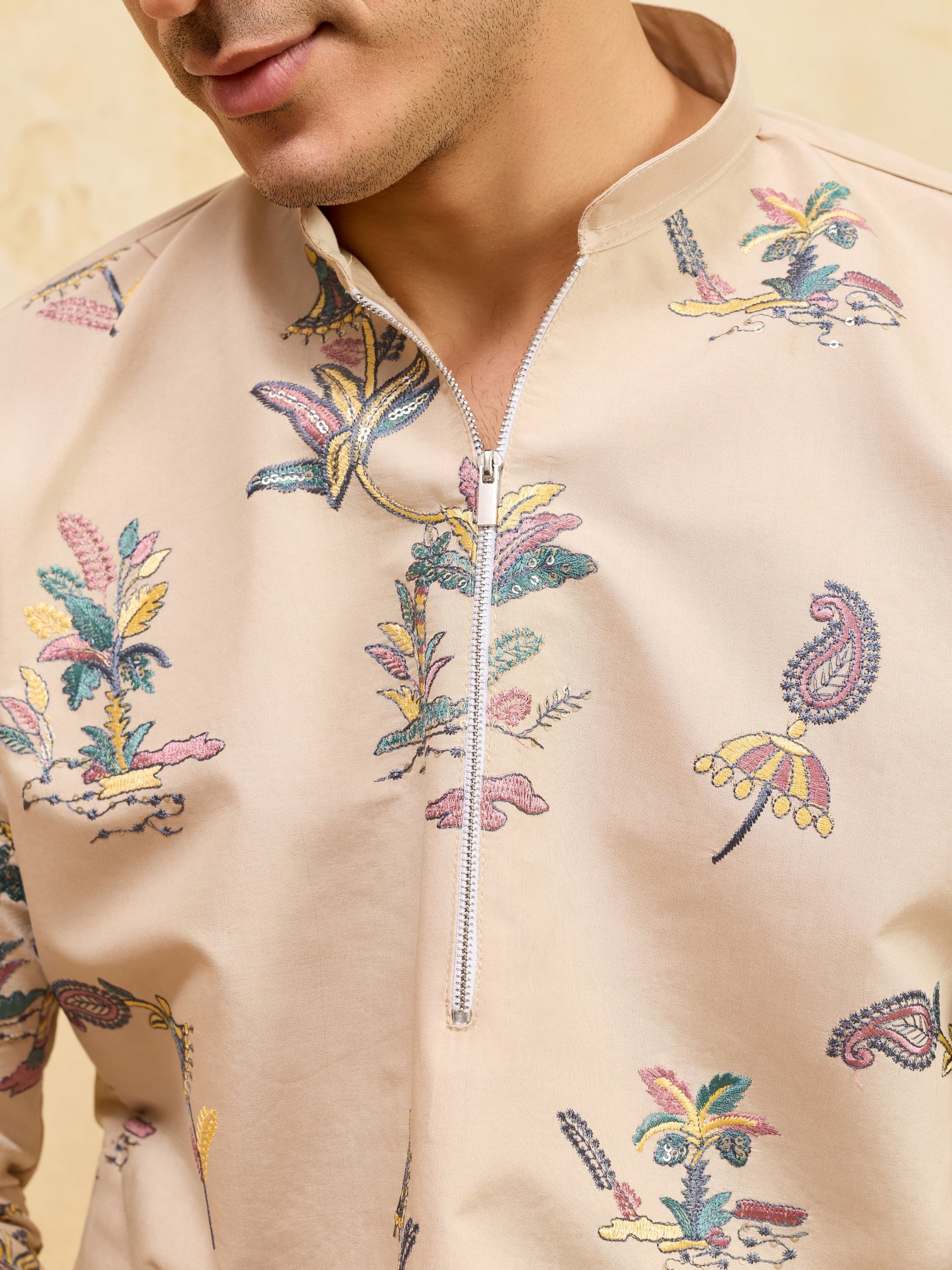 Awesome Beige Thread Embroidery Viscose Silk Festive Wear Men's Kurta