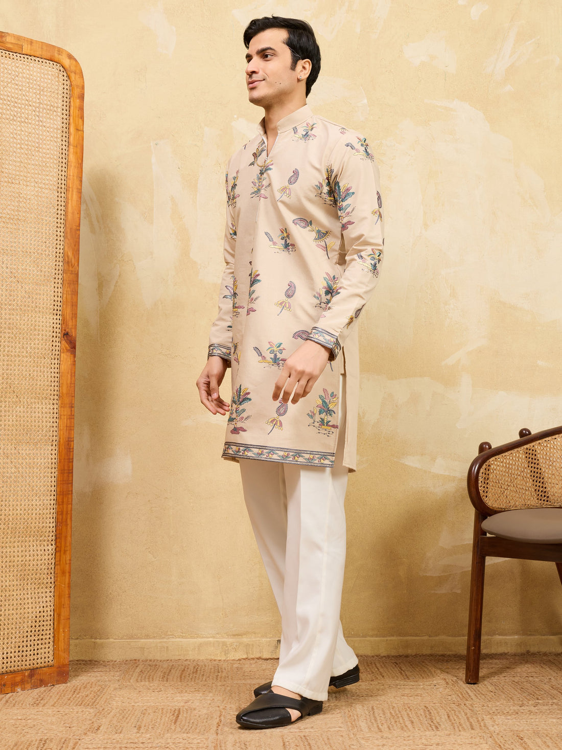 Awesome Beige Thread Embroidery Viscose Silk Festive Wear Men's Kurta