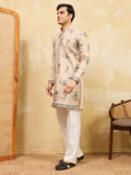Awesome Beige Thread Embroidery Viscose Silk Festive Wear Men's Kurta