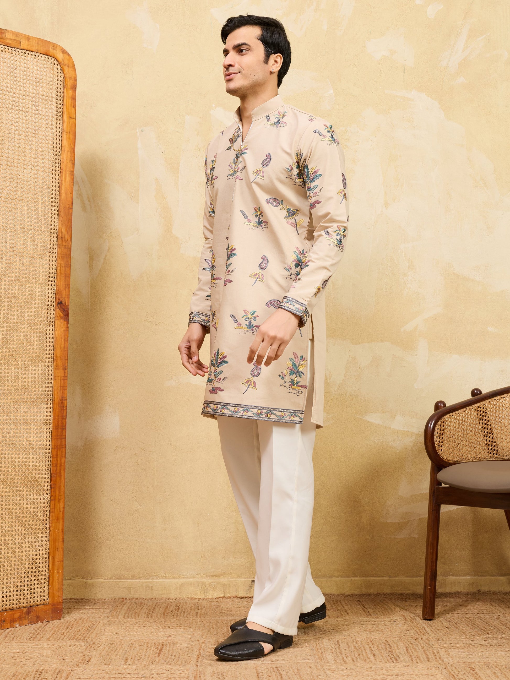 Awesome Beige Thread Embroidery Viscose Silk Festive Wear Men's Kurta