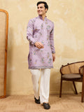 Fabulous Dusty Purple Embroidered Viscose Silk Engagement Wear Men's Kurta