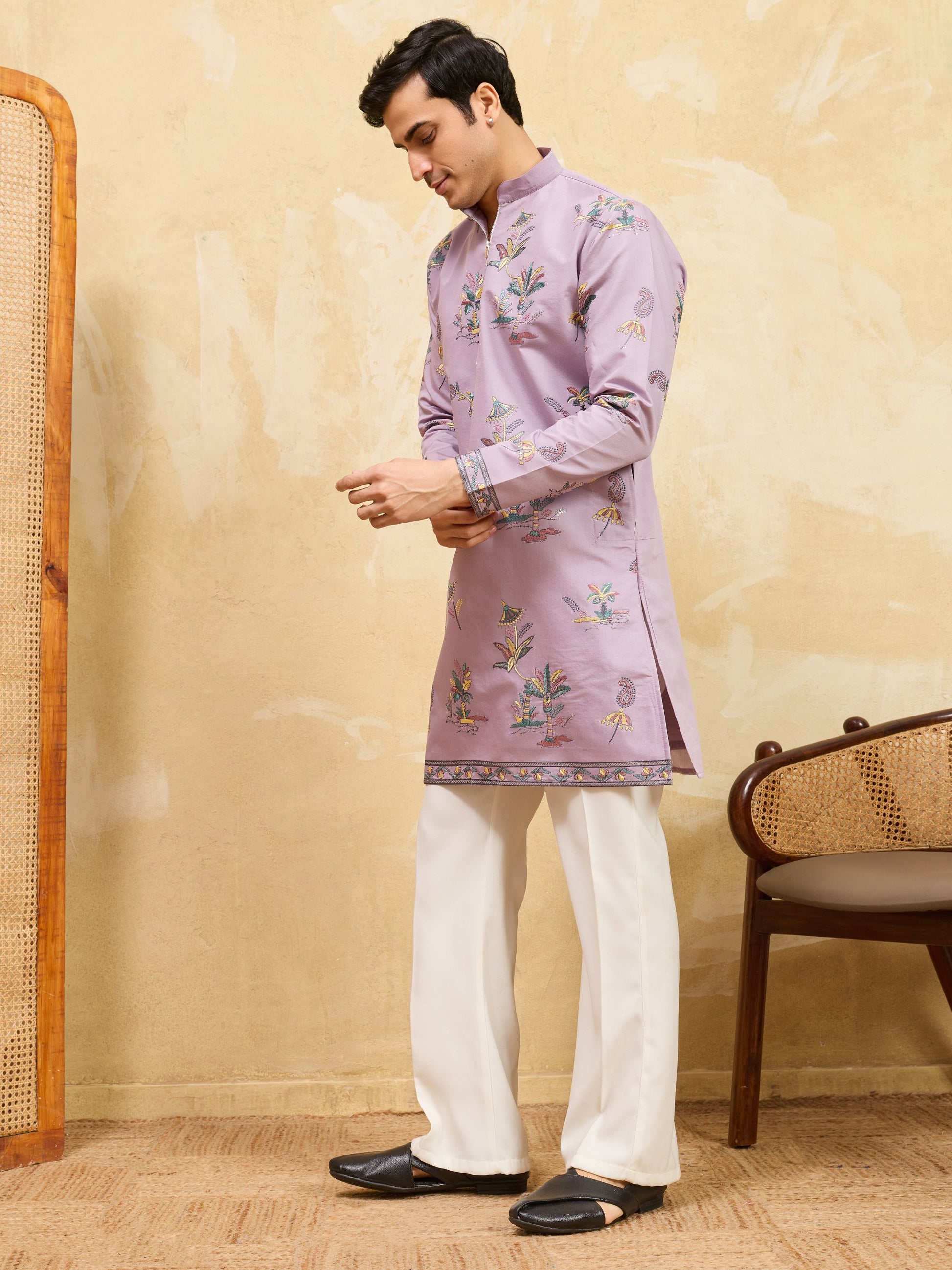 Fabulous Dusty Purple Embroidered Viscose Silk Engagement Wear Men's Kurta