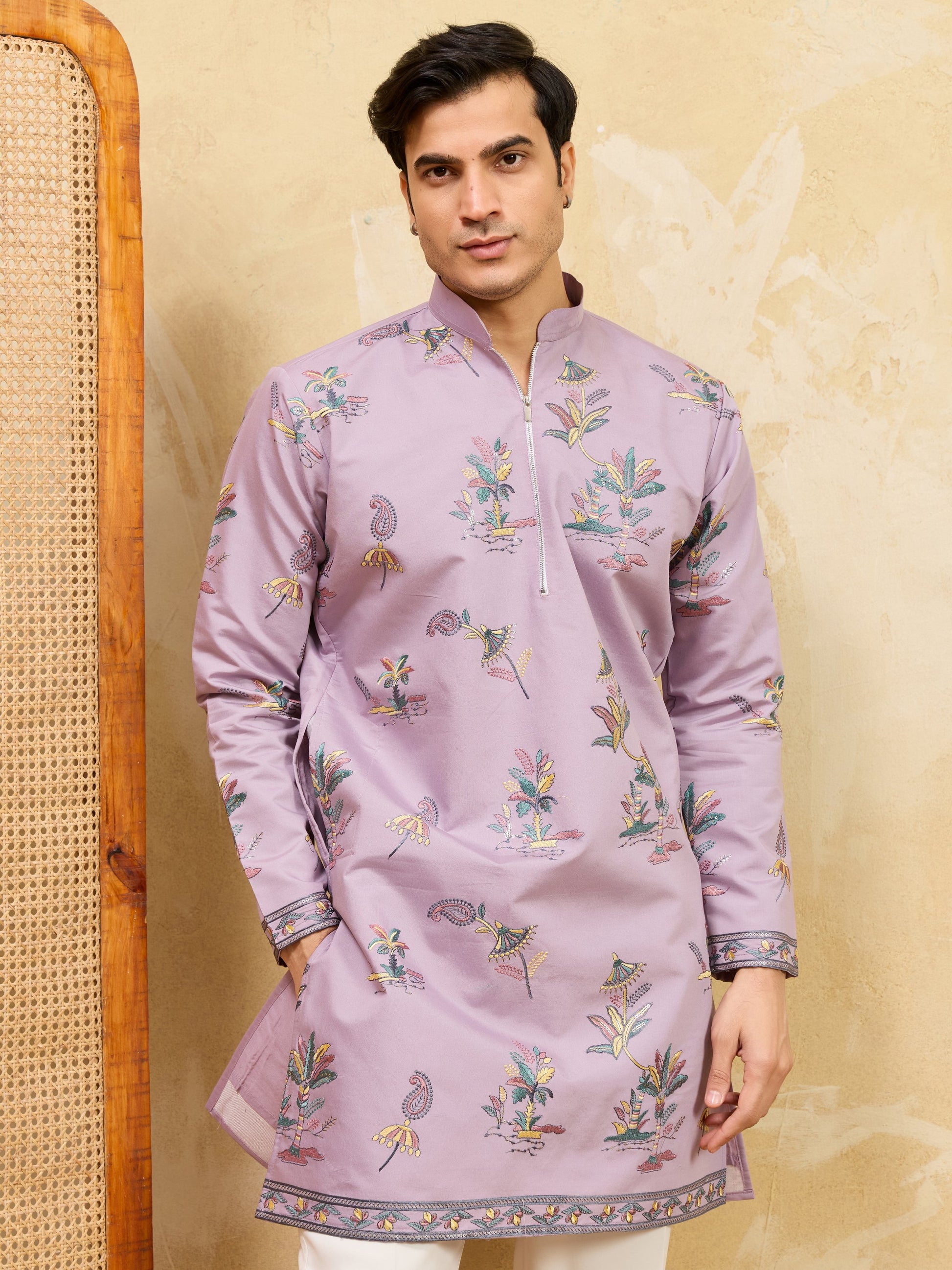 Fabulous Dusty Purple Embroidered Viscose Silk Engagement Wear Men's Kurta