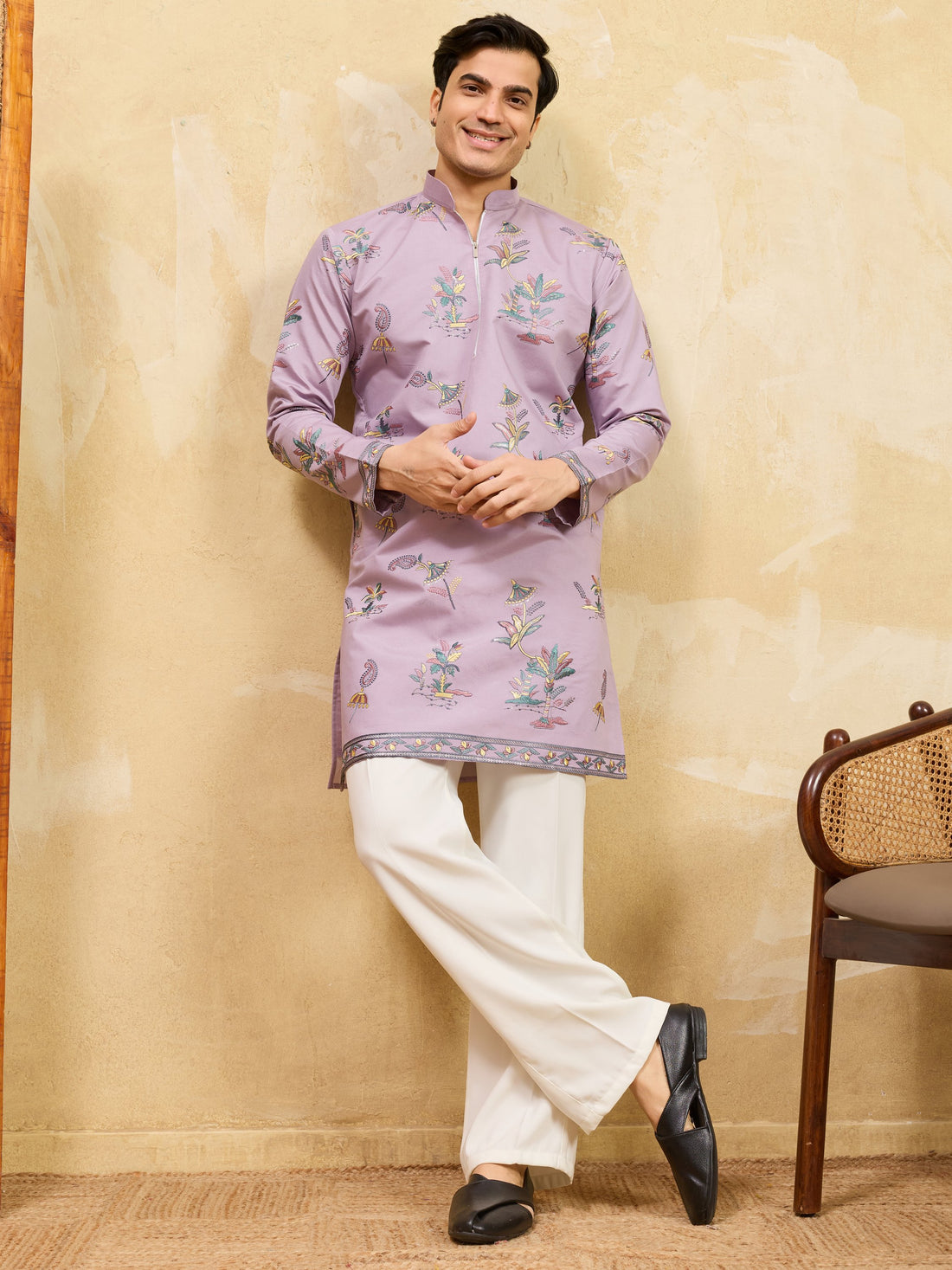 Fabulous Dusty Purple Embroidered Viscose Silk Engagement Wear Men's Kurta