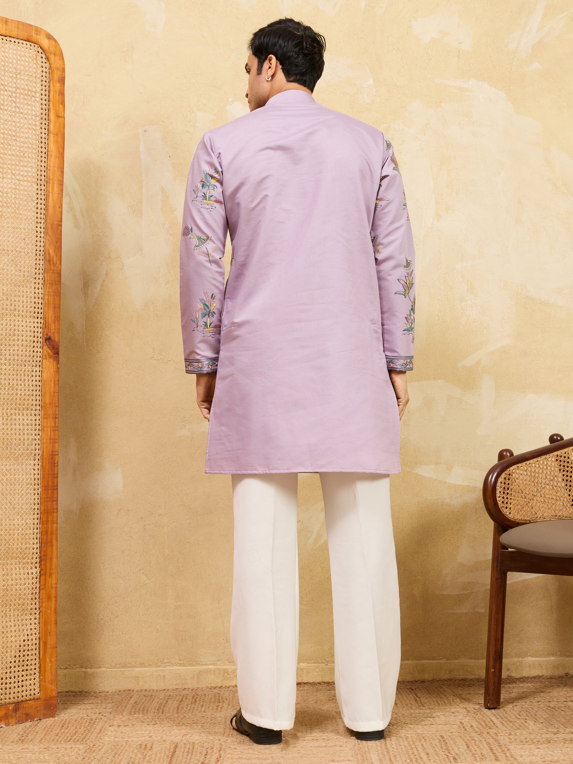 Fabulous Dusty Purple Embroidered Viscose Silk Engagement Wear Men's Kurta