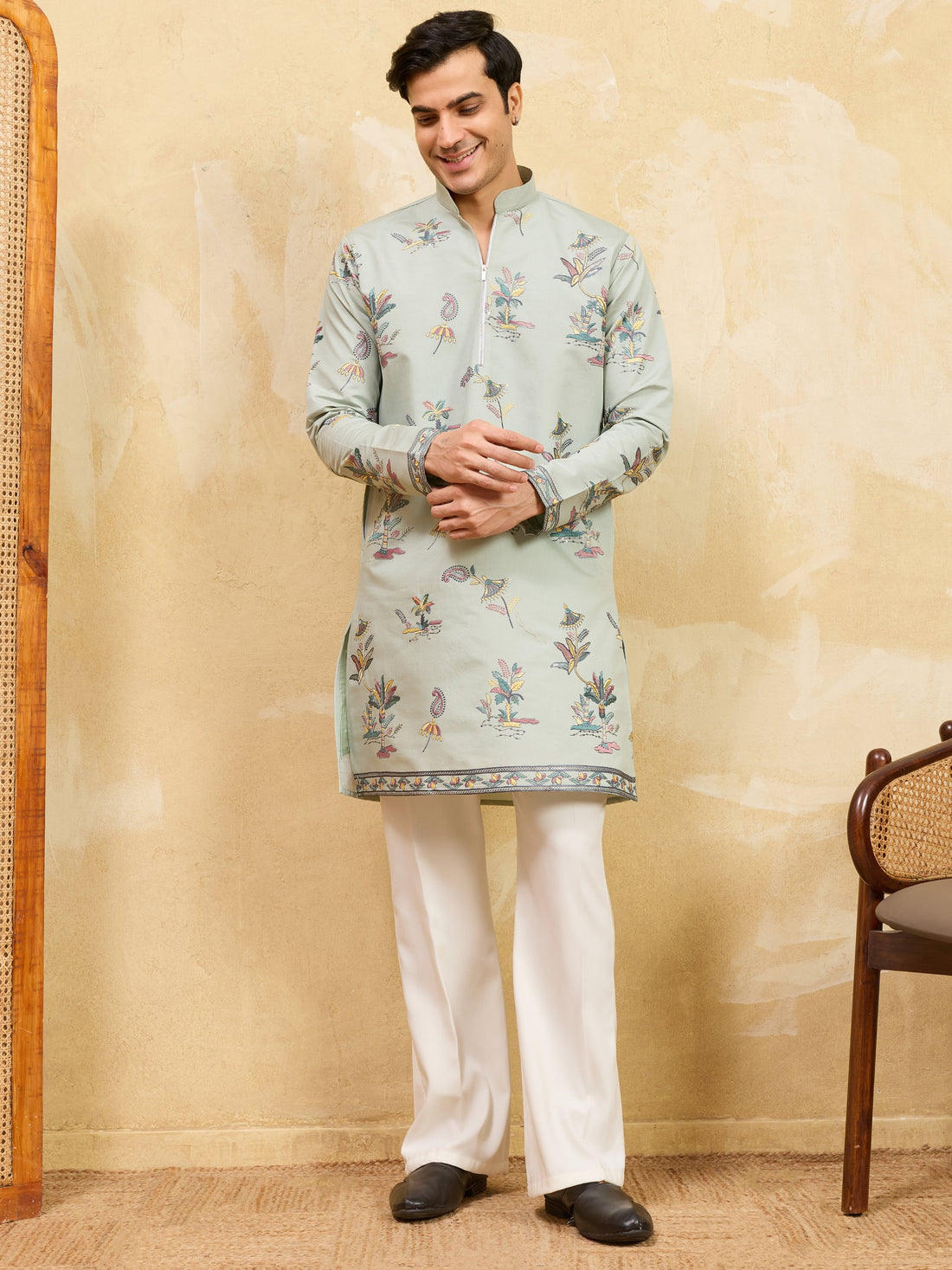 Lovable Pista Green Thread Embroidered Viscose Silk Function Wear Men's Kurta