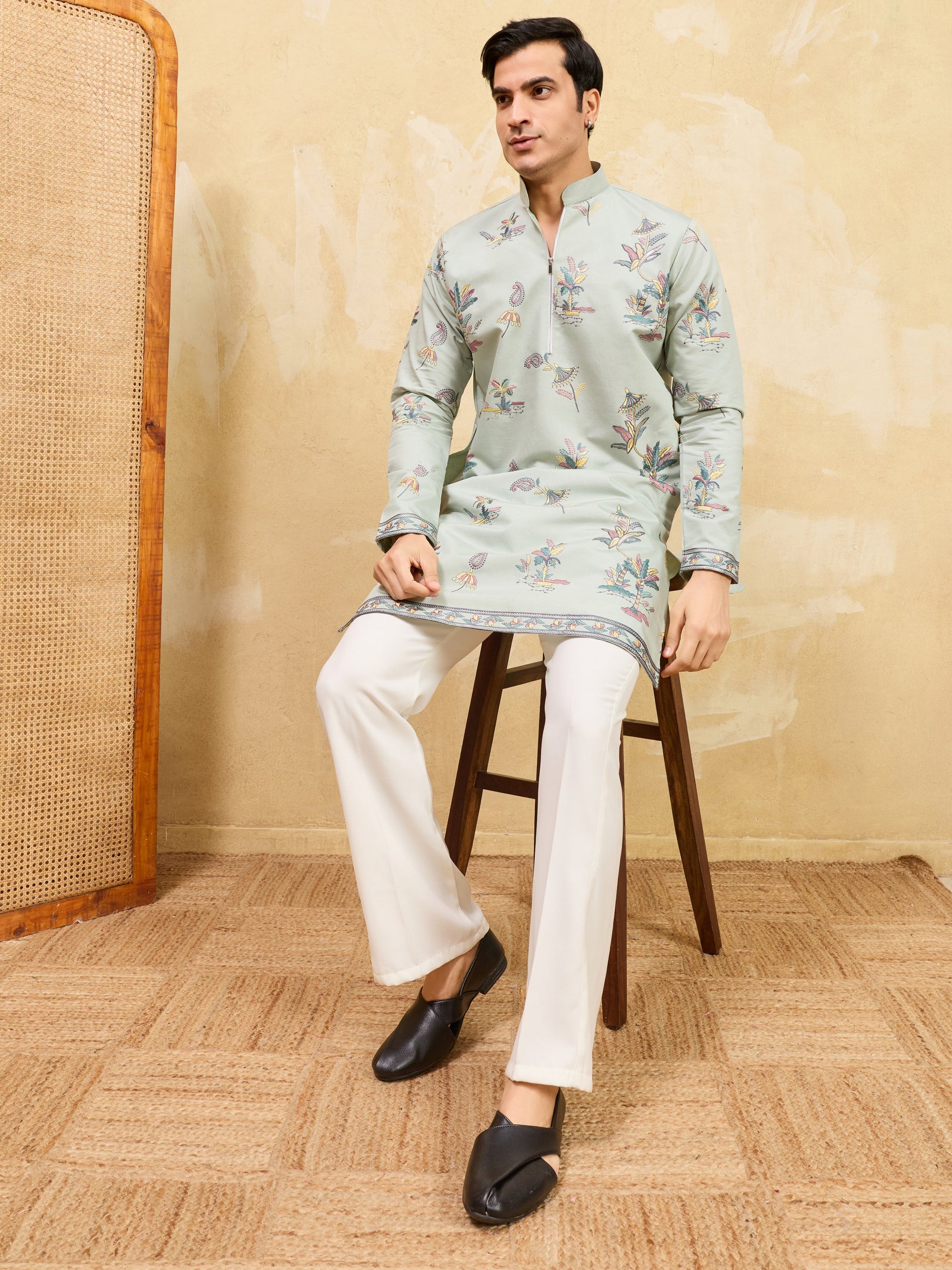 Lovable Pista Green Thread Embroidered Viscose Silk Function Wear Men's Kurta