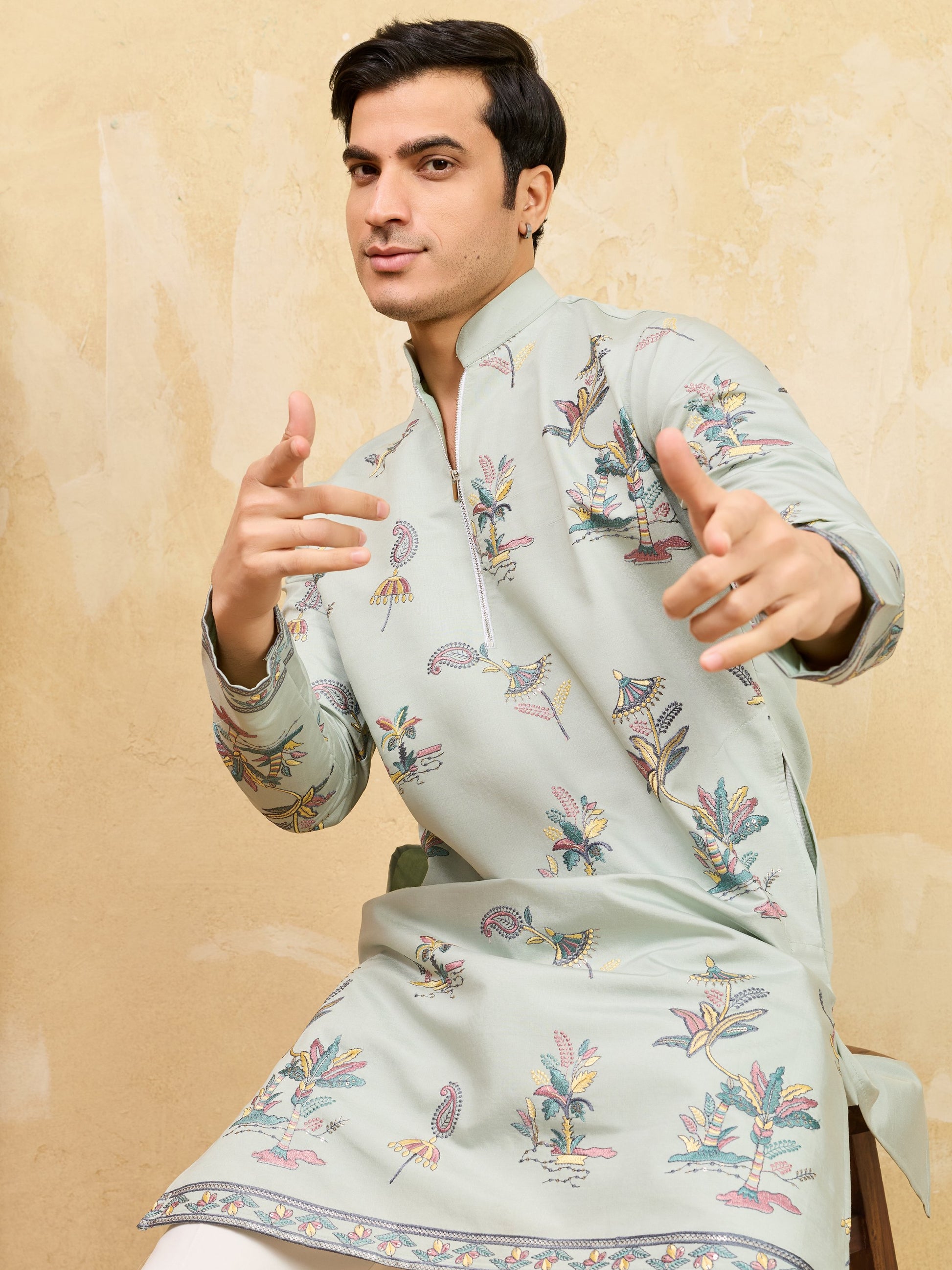 Lovable Pista Green Thread Embroidered Viscose Silk Function Wear Men's Kurta