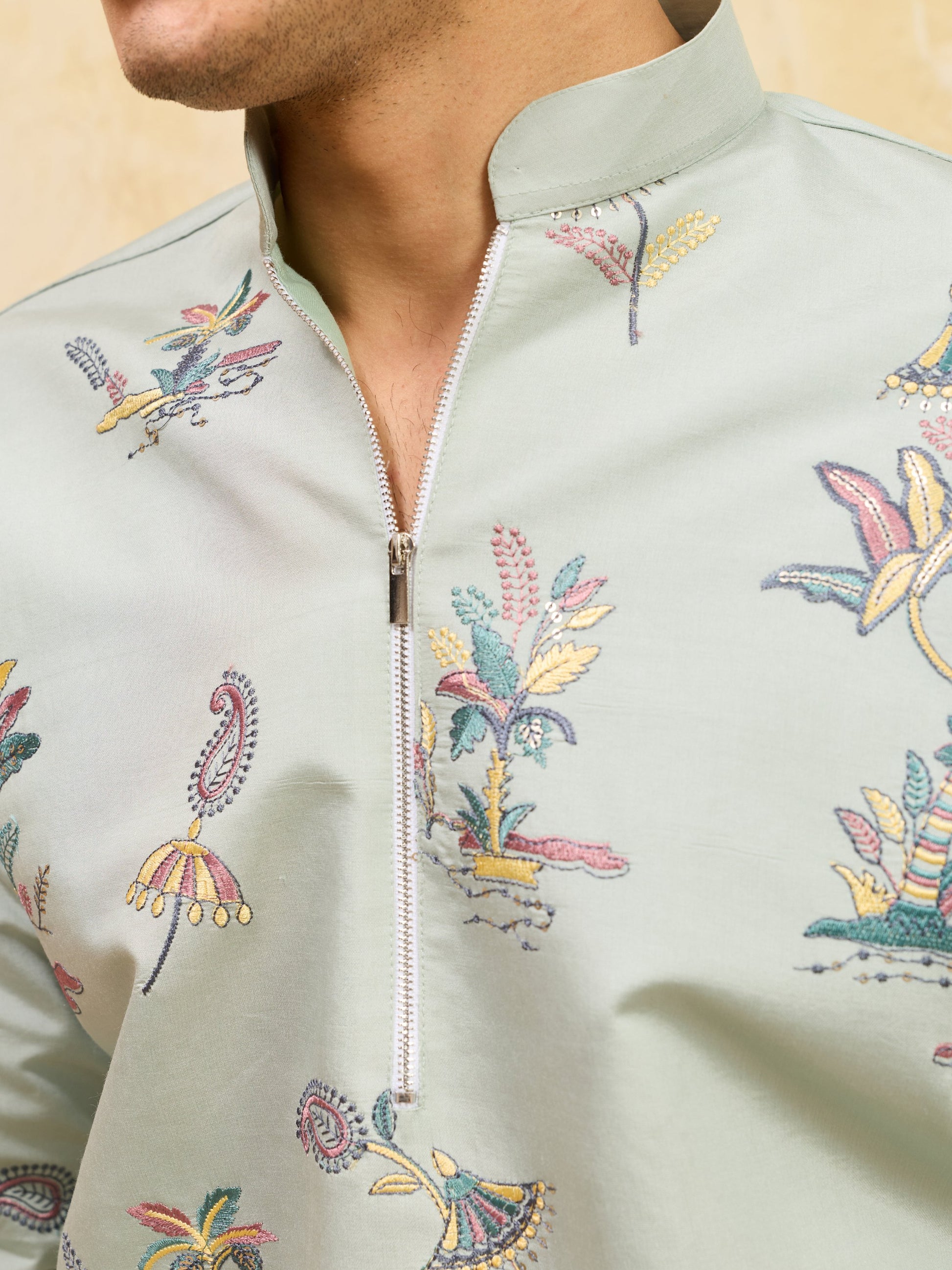 Lovable Pista Green Thread Embroidered Viscose Silk Function Wear Men's Kurta