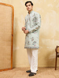 Lovable Pista Green Thread Embroidered Viscose Silk Function Wear Men's Kurta