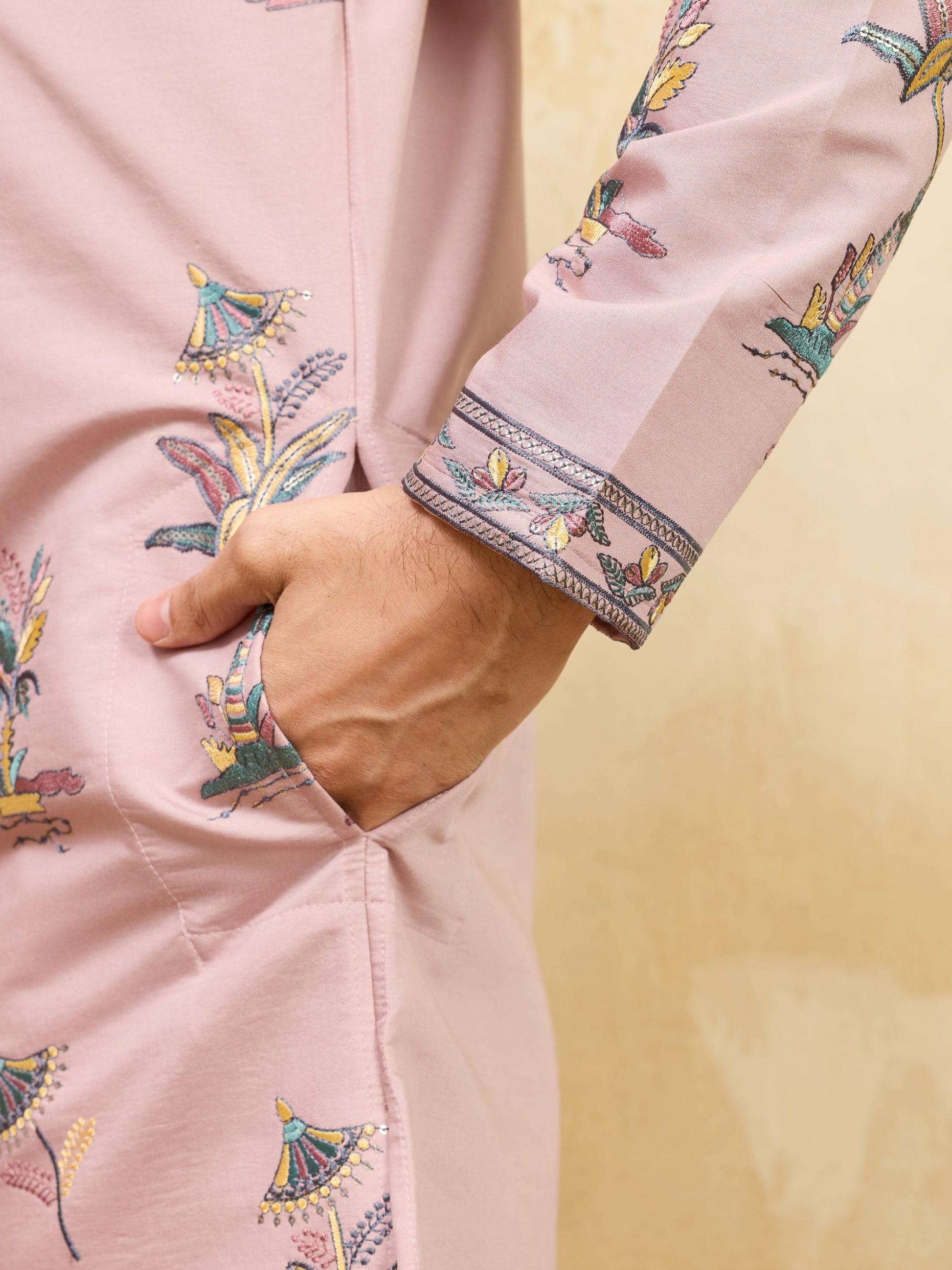 Adoring Pink Sequins Embroidered Viscose Silk Wedding Wear Men's Kurta