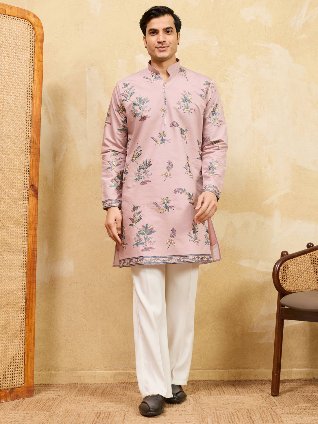 Adoring Pink Sequins Embroidered Viscose Silk Wedding Wear Men's Kurta