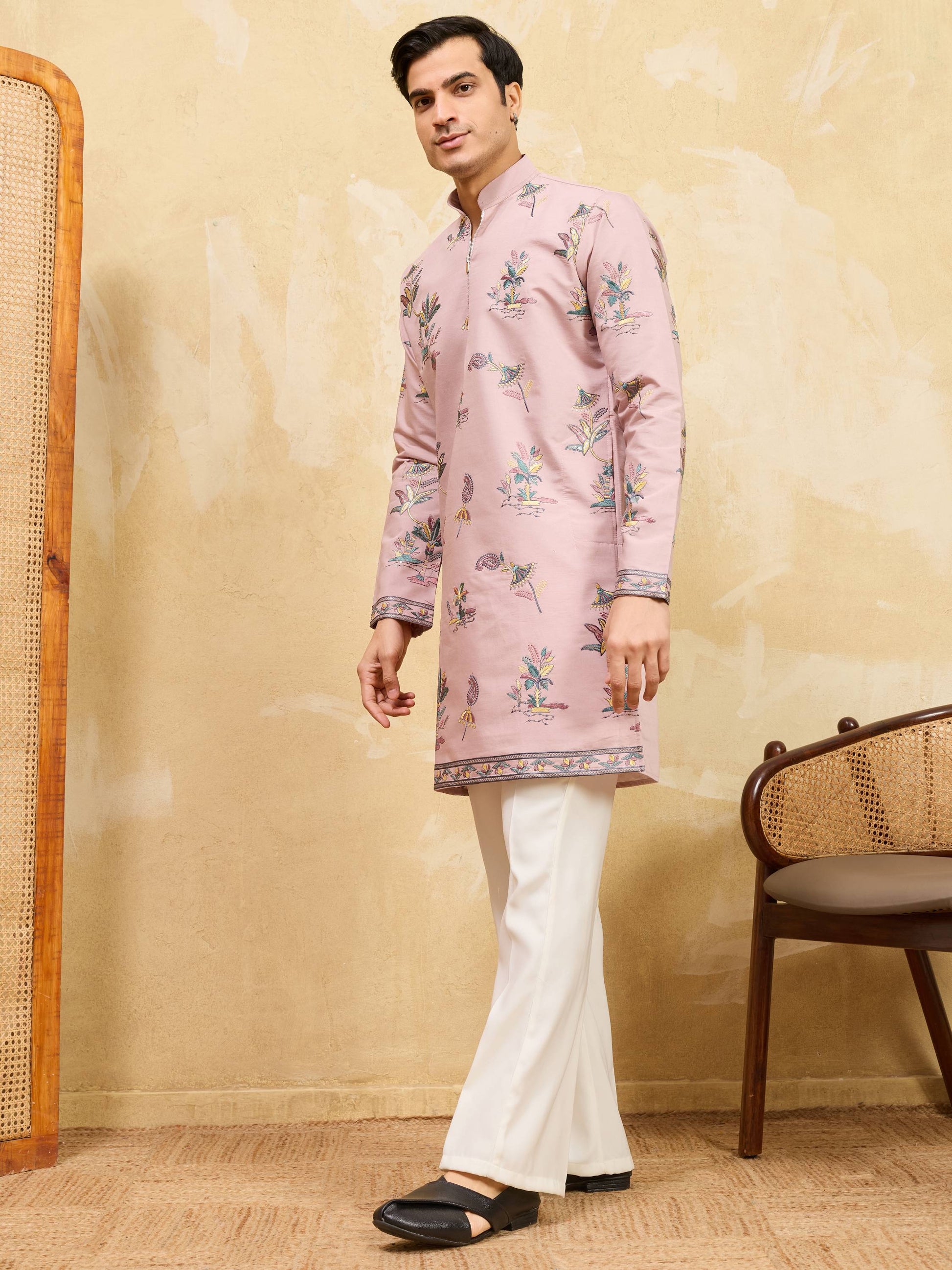 Adoring Pink Sequins Embroidered Viscose Silk Wedding Wear Men's Kurta