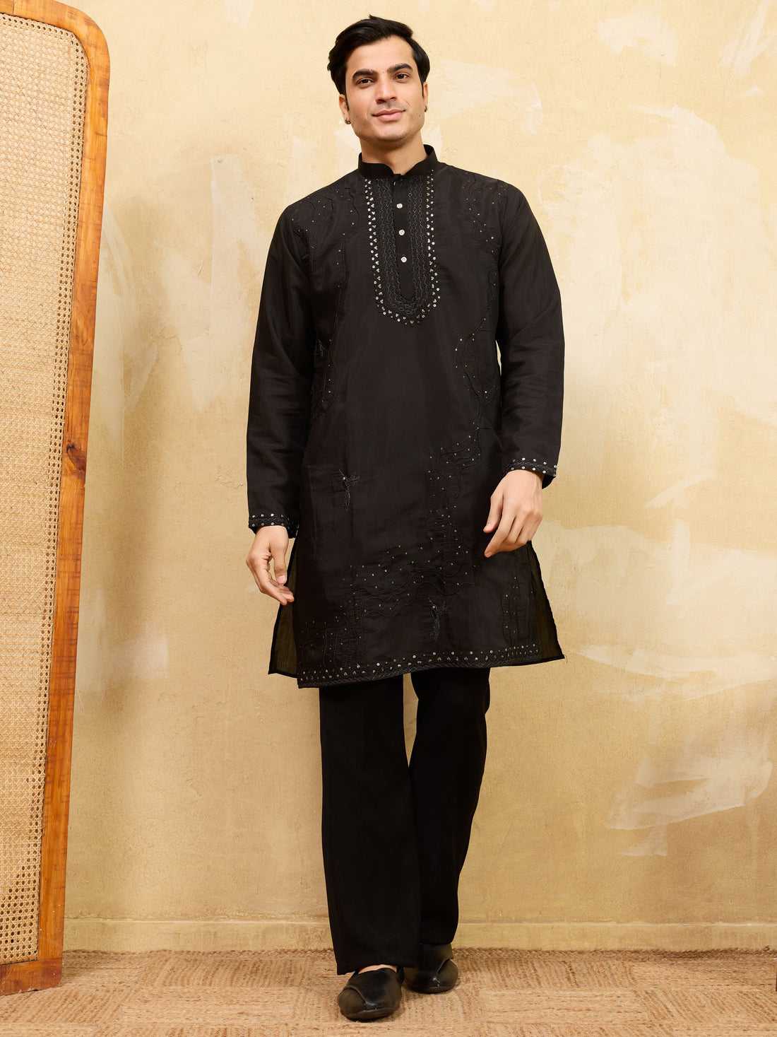 Superb Black Thread Work Viscose Silk Party Wear Men's Kurta