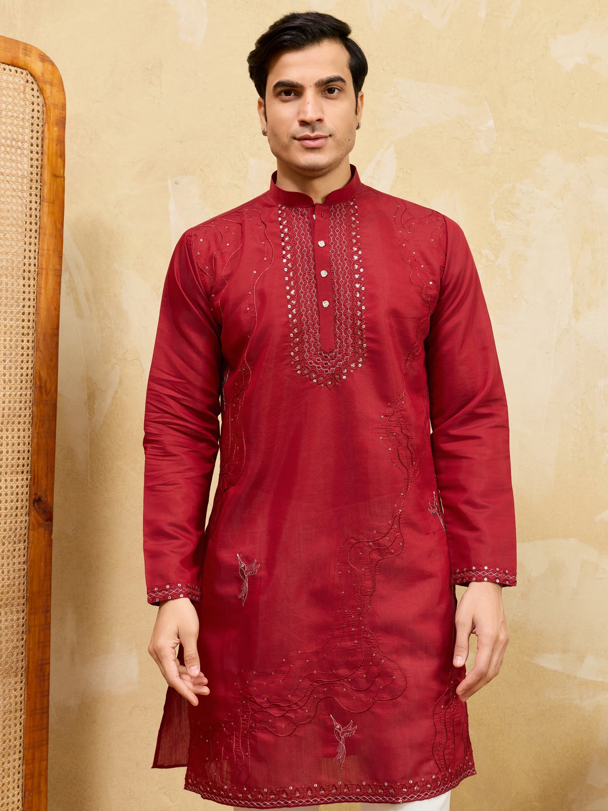 Lovable Red Sequins Viscose Silk Wedding Wear Men's Kurta