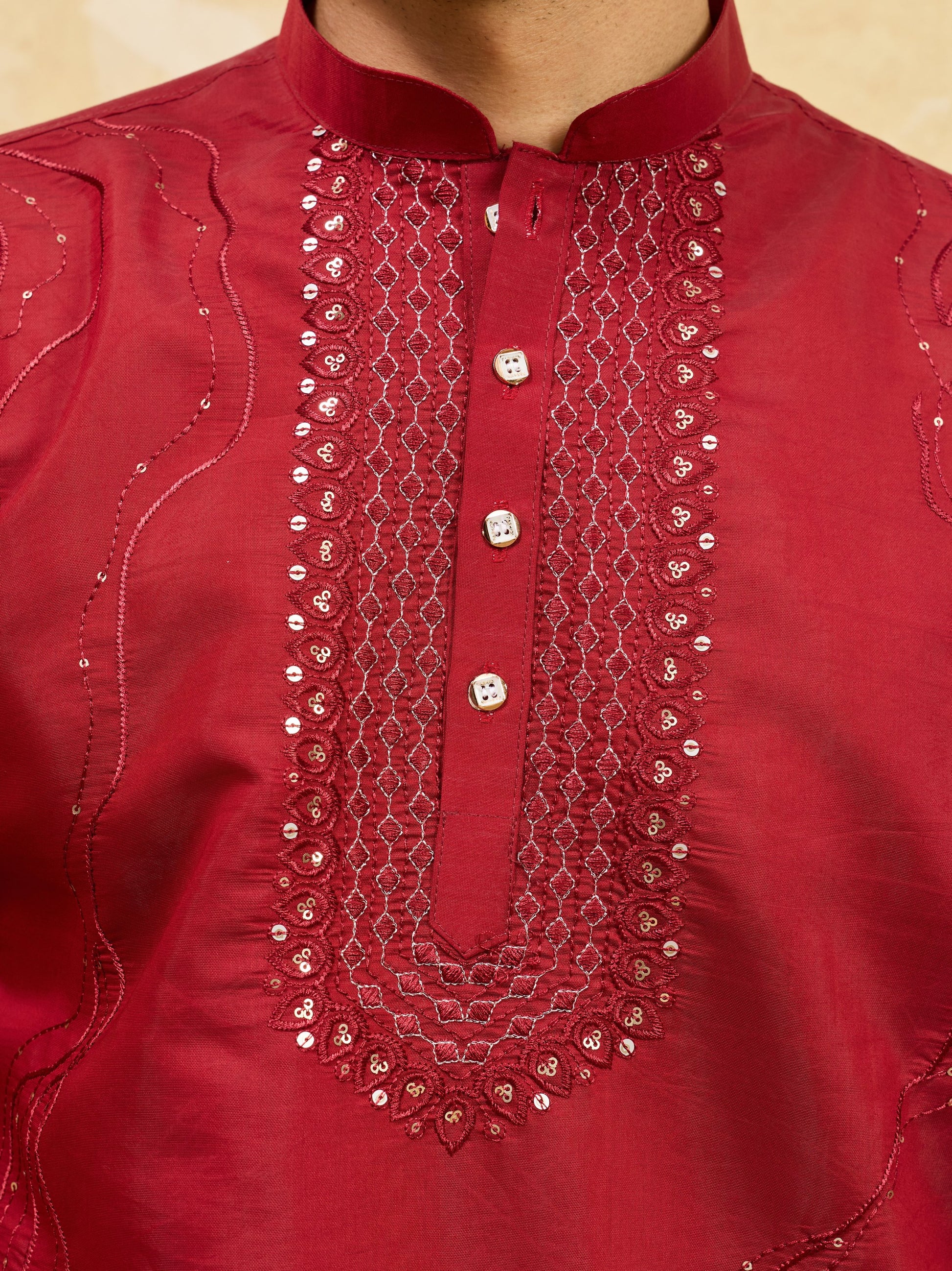 Lovable Red Sequins Viscose Silk Wedding Wear Men's Kurta