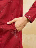 Lovable Red Sequins Viscose Silk Wedding Wear Men's Kurta