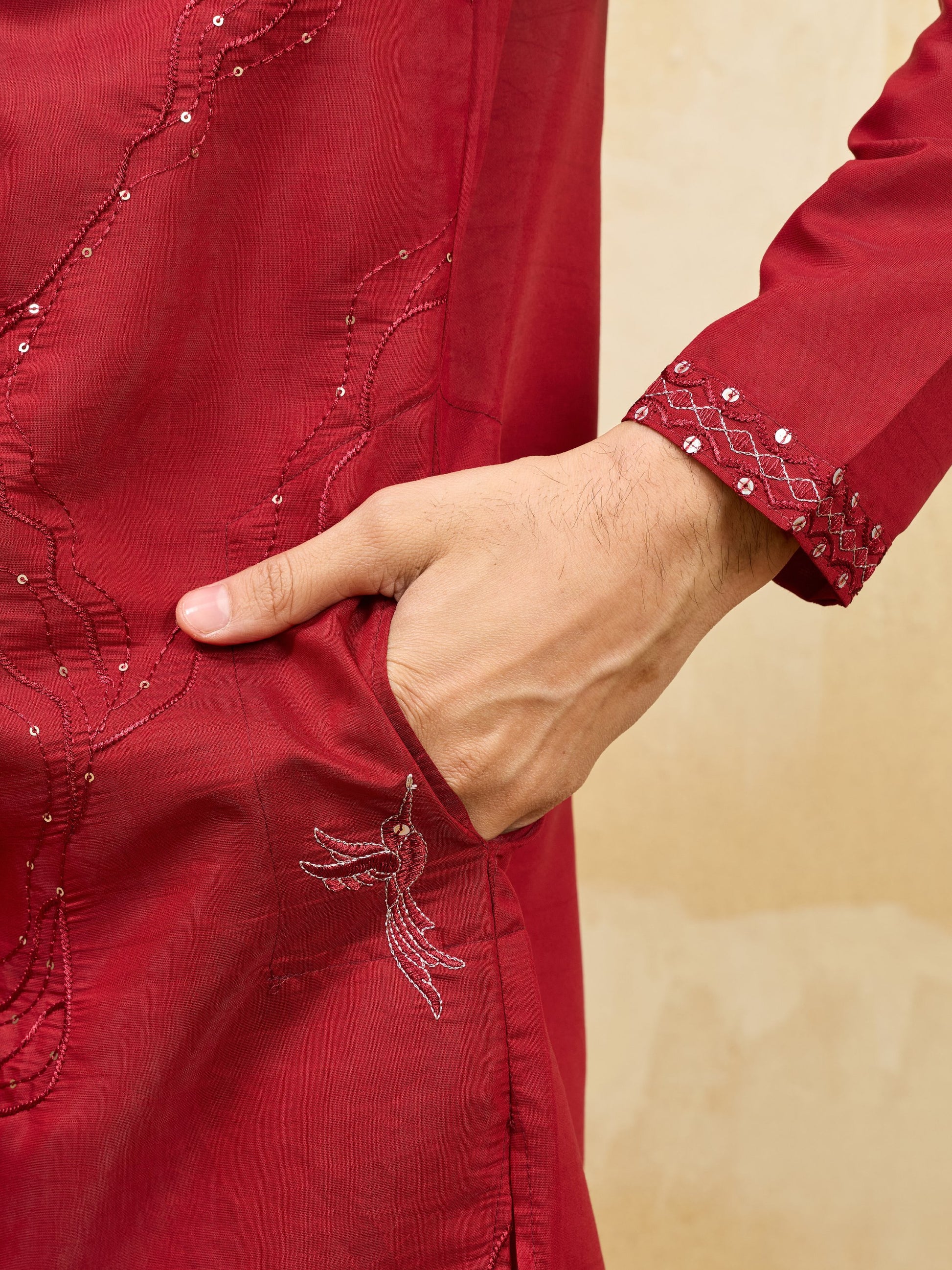 Lovable Red Sequins Viscose Silk Wedding Wear Men's Kurta