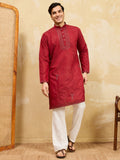 Lovable Red Sequins Viscose Silk Wedding Wear Men's Kurta