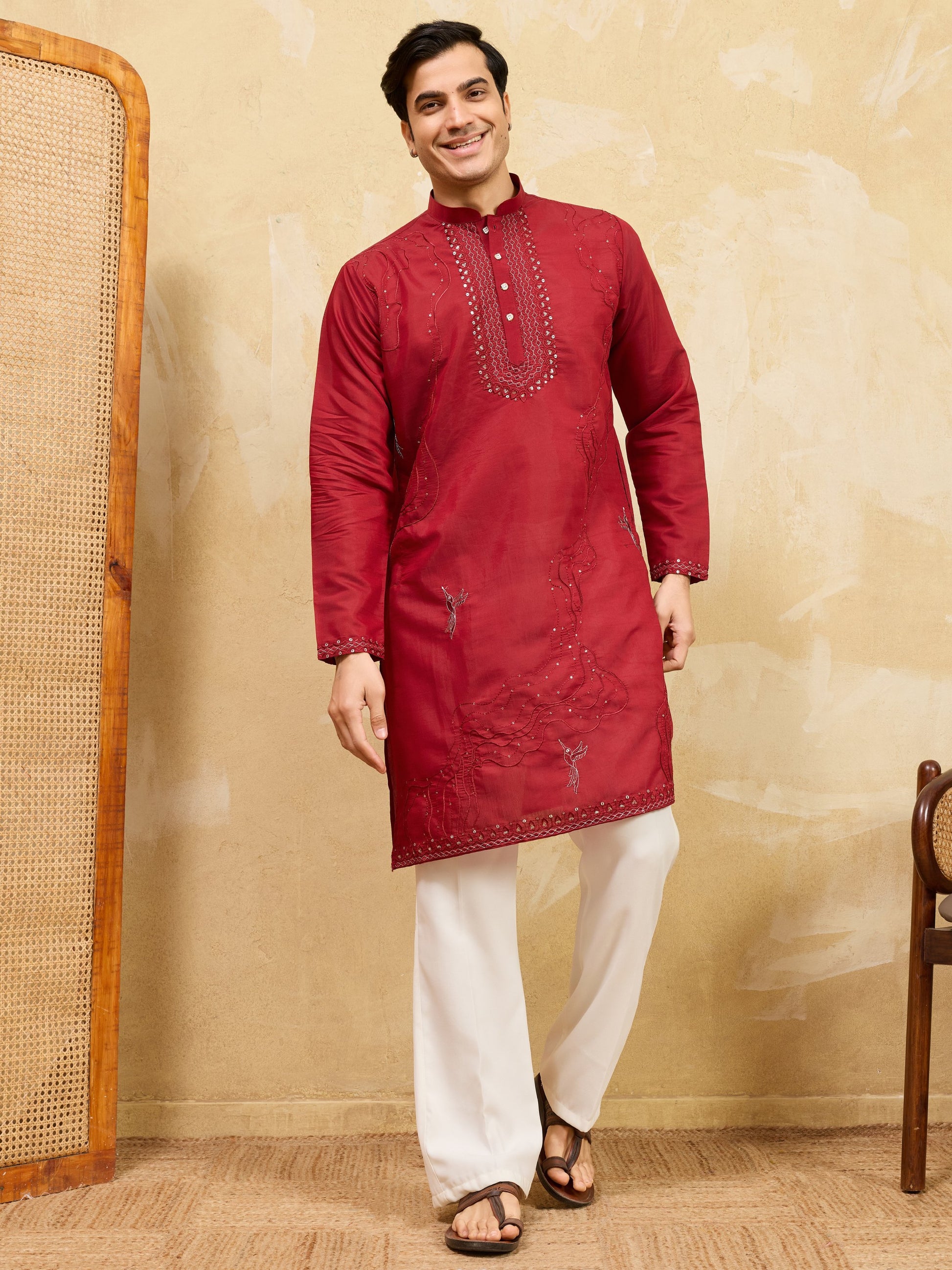 Lovable Red Sequins Viscose Silk Wedding Wear Men's Kurta