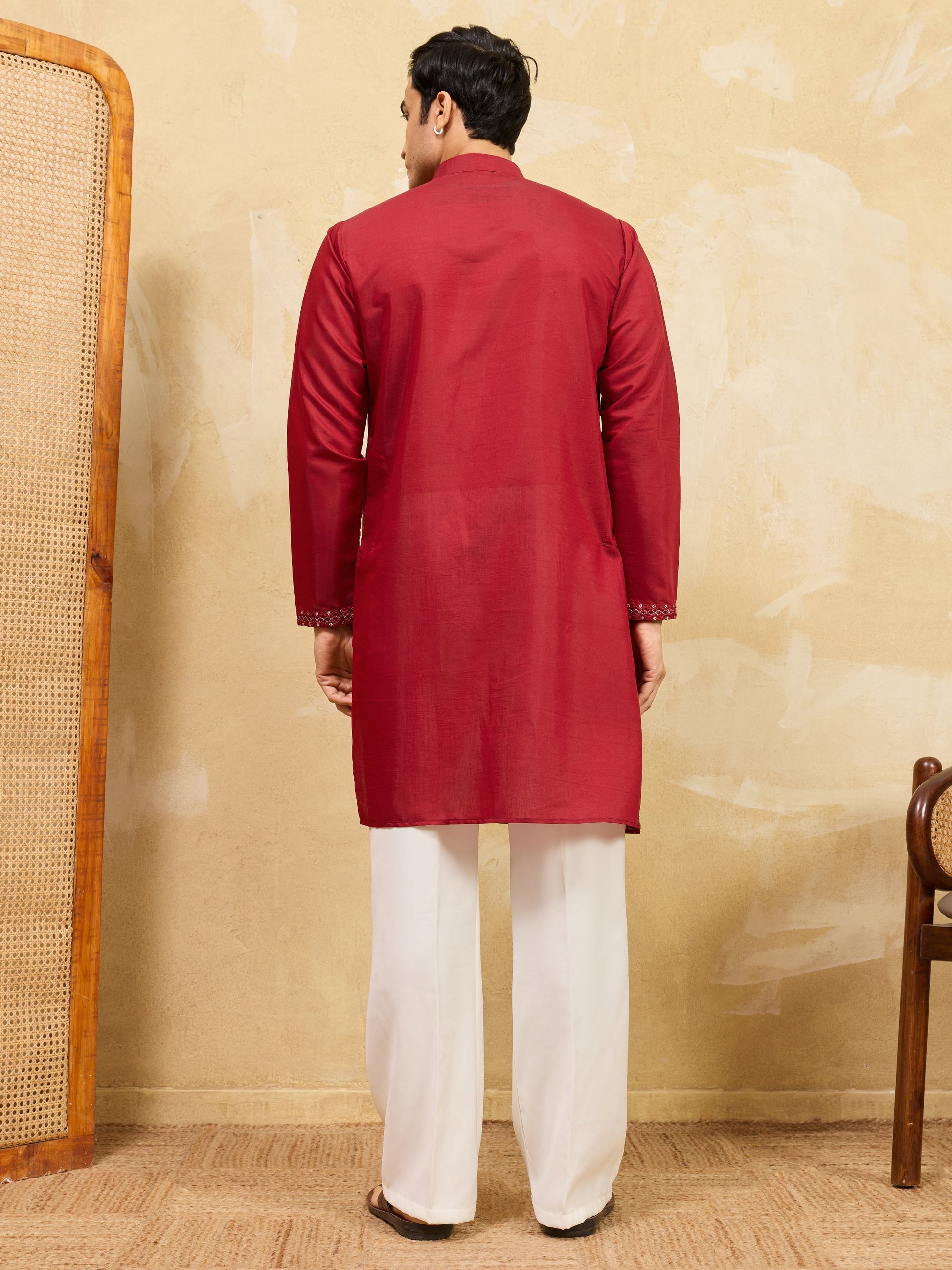 Lovable Red Sequins Viscose Silk Wedding Wear Men's Kurta