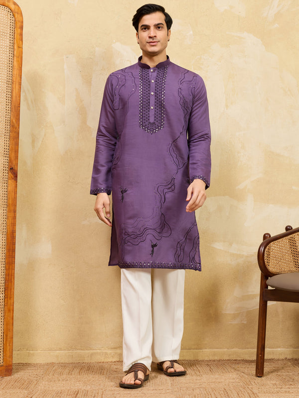 Grand lavender Thread Work Viscose Silk Engagement Wear Men's Kurta
