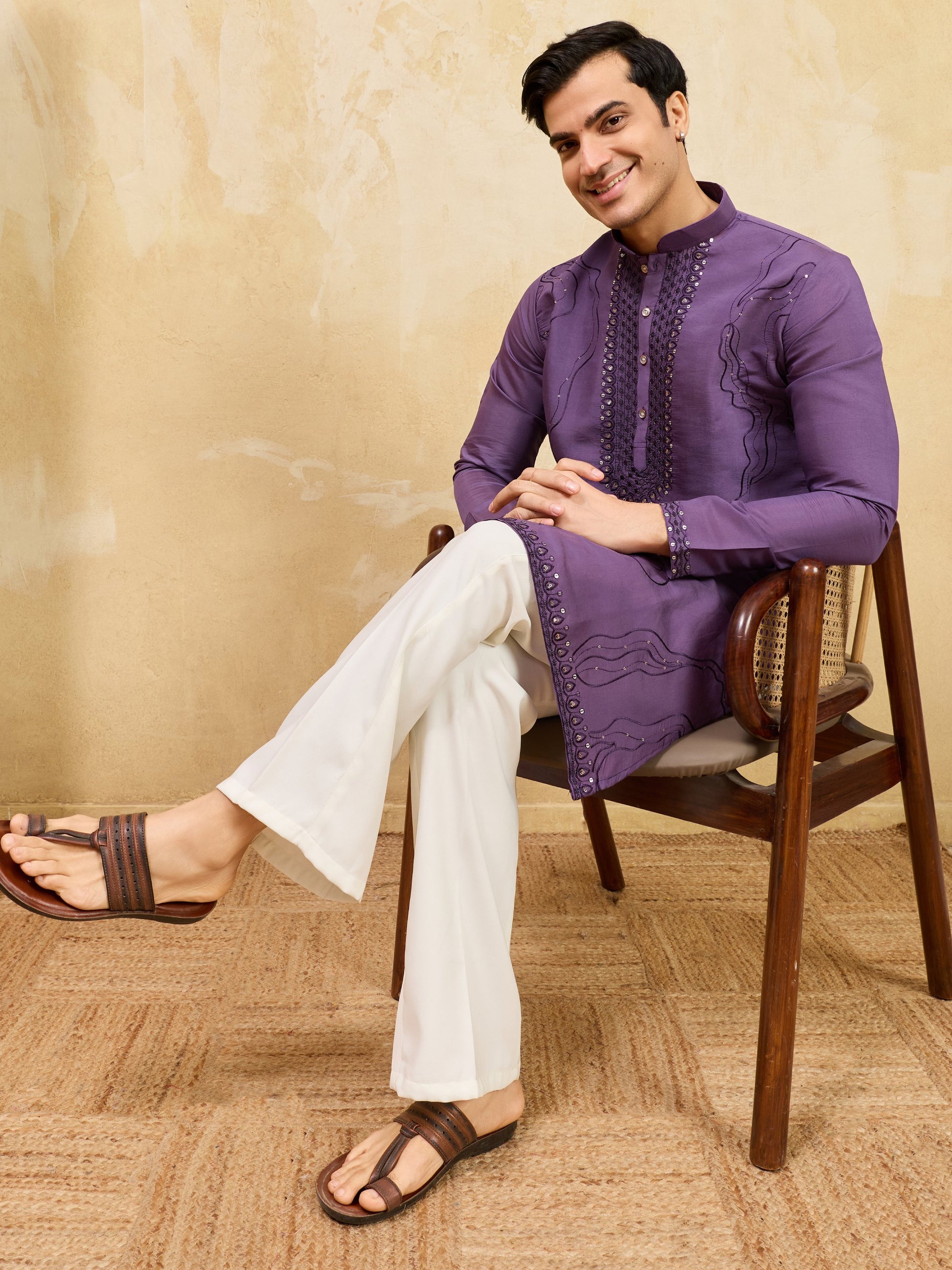 Grand lavender Thread Work Viscose Silk Engagement Wear Men's Kurta