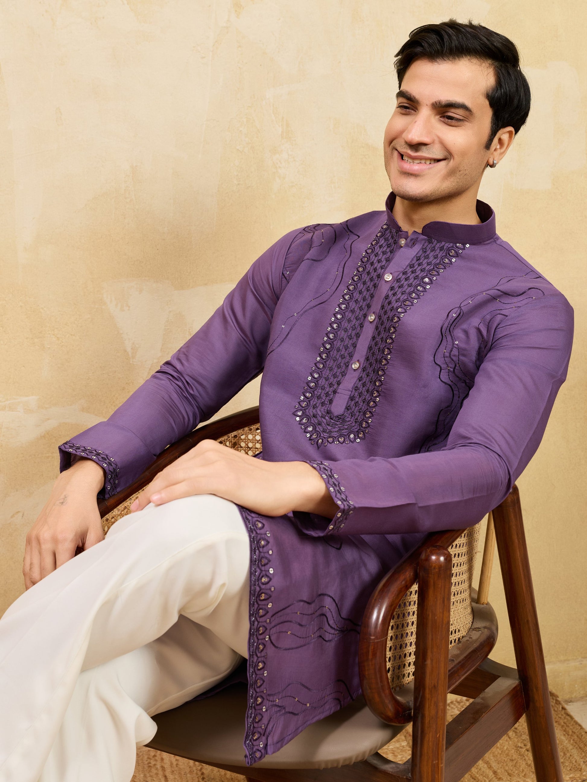 Grand lavender Thread Work Viscose Silk Engagement Wear Men's Kurta