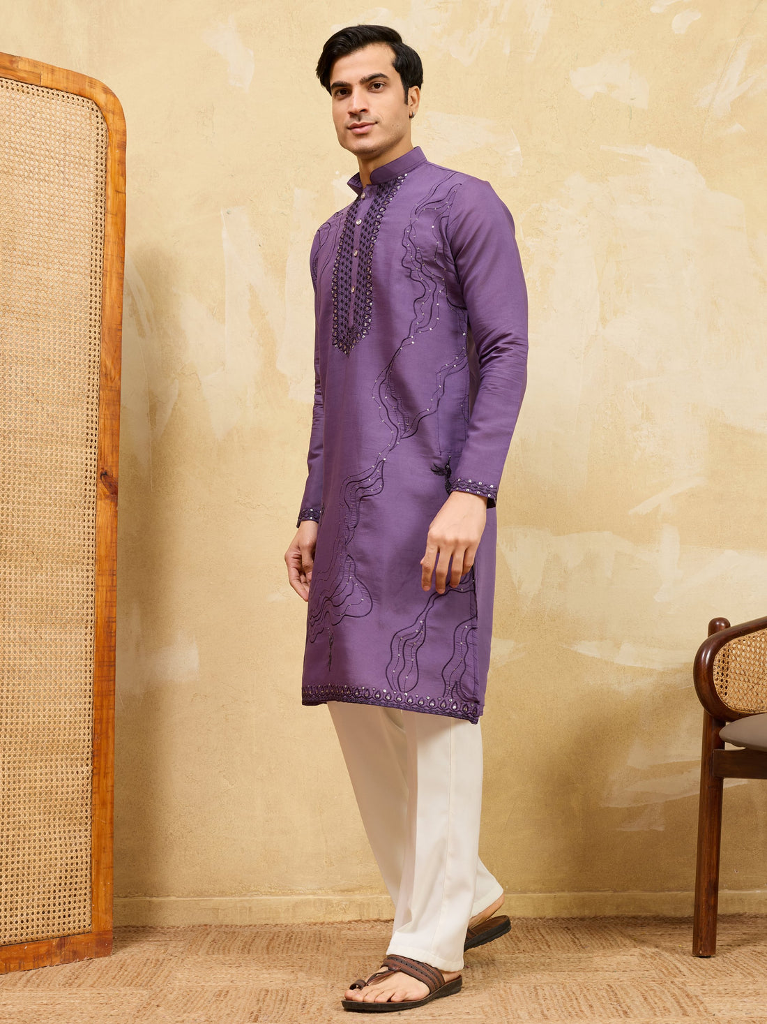 Grand lavender Thread Work Viscose Silk Engagement Wear Men's Kurta