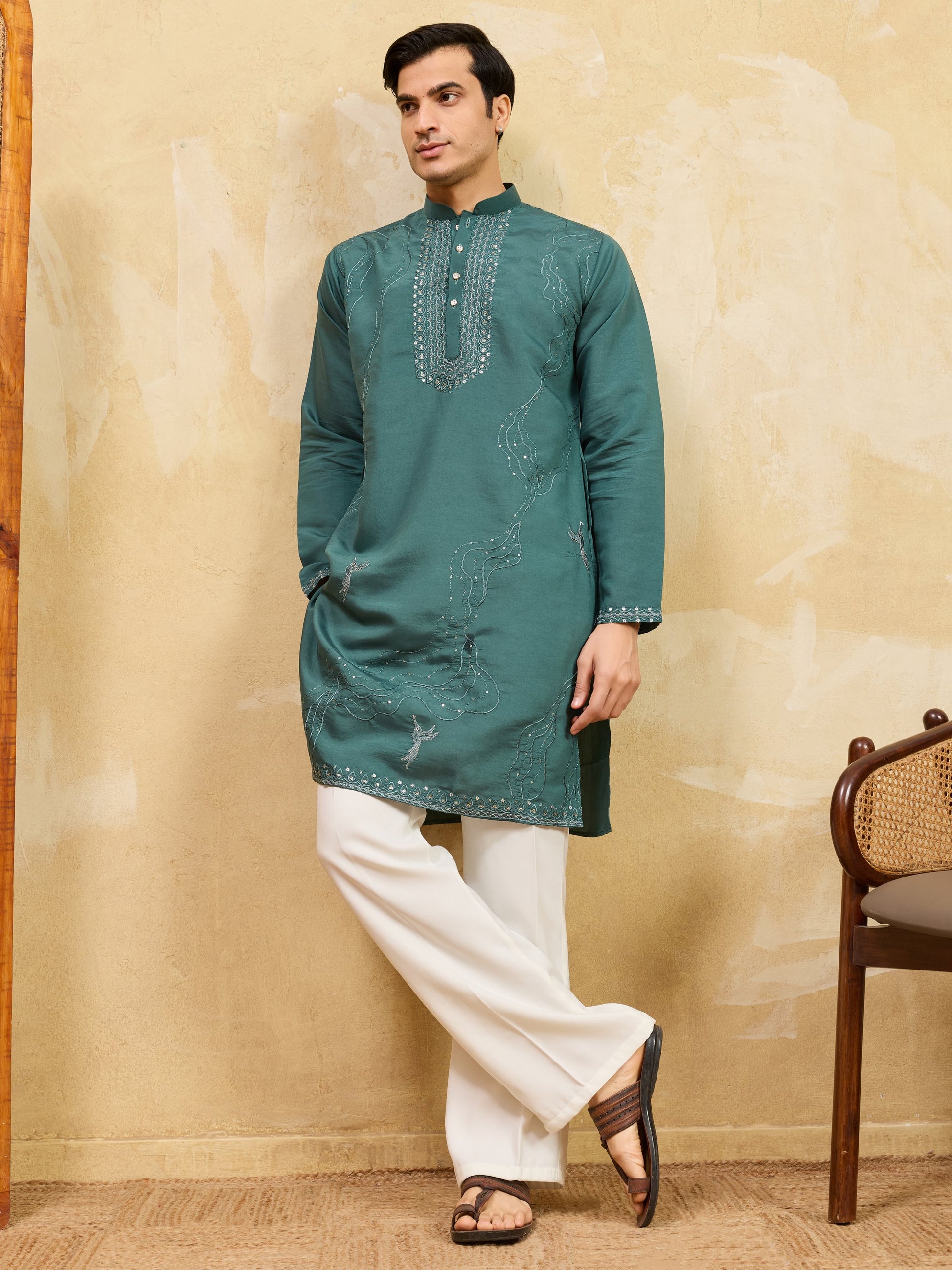 Timeless Teal Green Embroidered Viscose Silk Traditional Men's Kurta