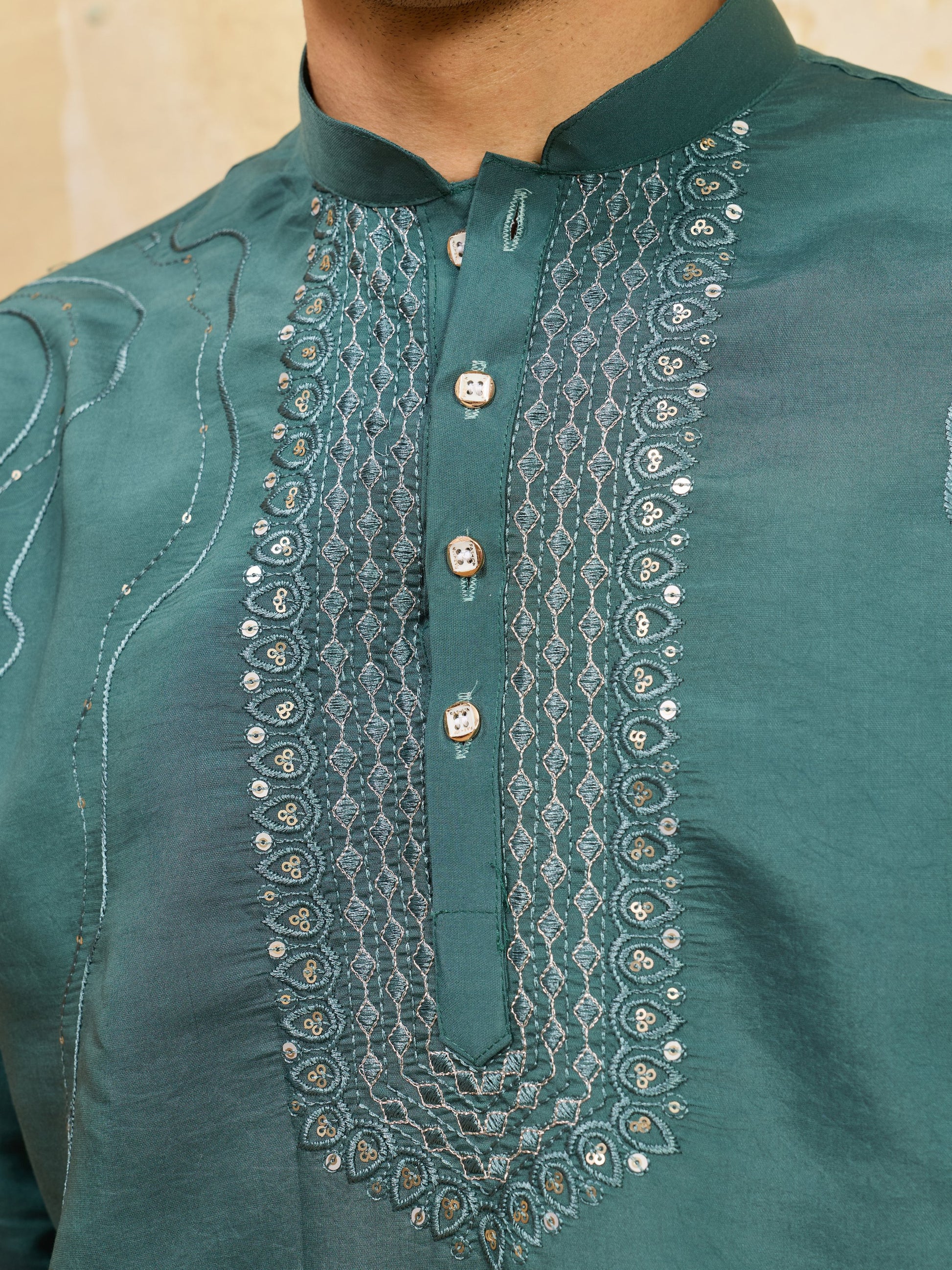 Timeless Teal Green Embroidered Viscose Silk Traditional Men's Kurta
