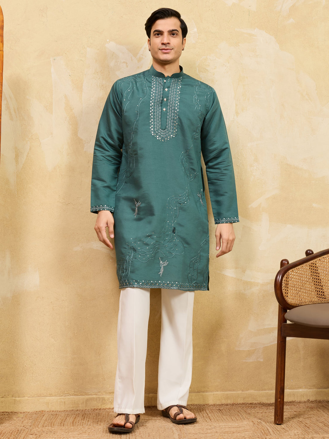 Timeless Teal Green Embroidered Viscose Silk Traditional Men's Kurta