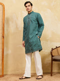 Timeless Teal Green Embroidered Viscose Silk Traditional Men's Kurta