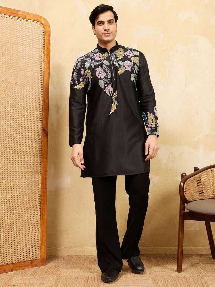 Beautiful Black Thread Embroidered Silk Designer Men's Kurta