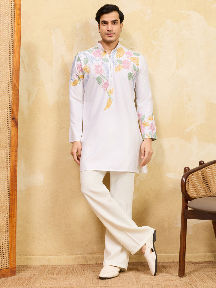 Incredible White Thread Embroidered Silk Festival Wear Men's Kurta