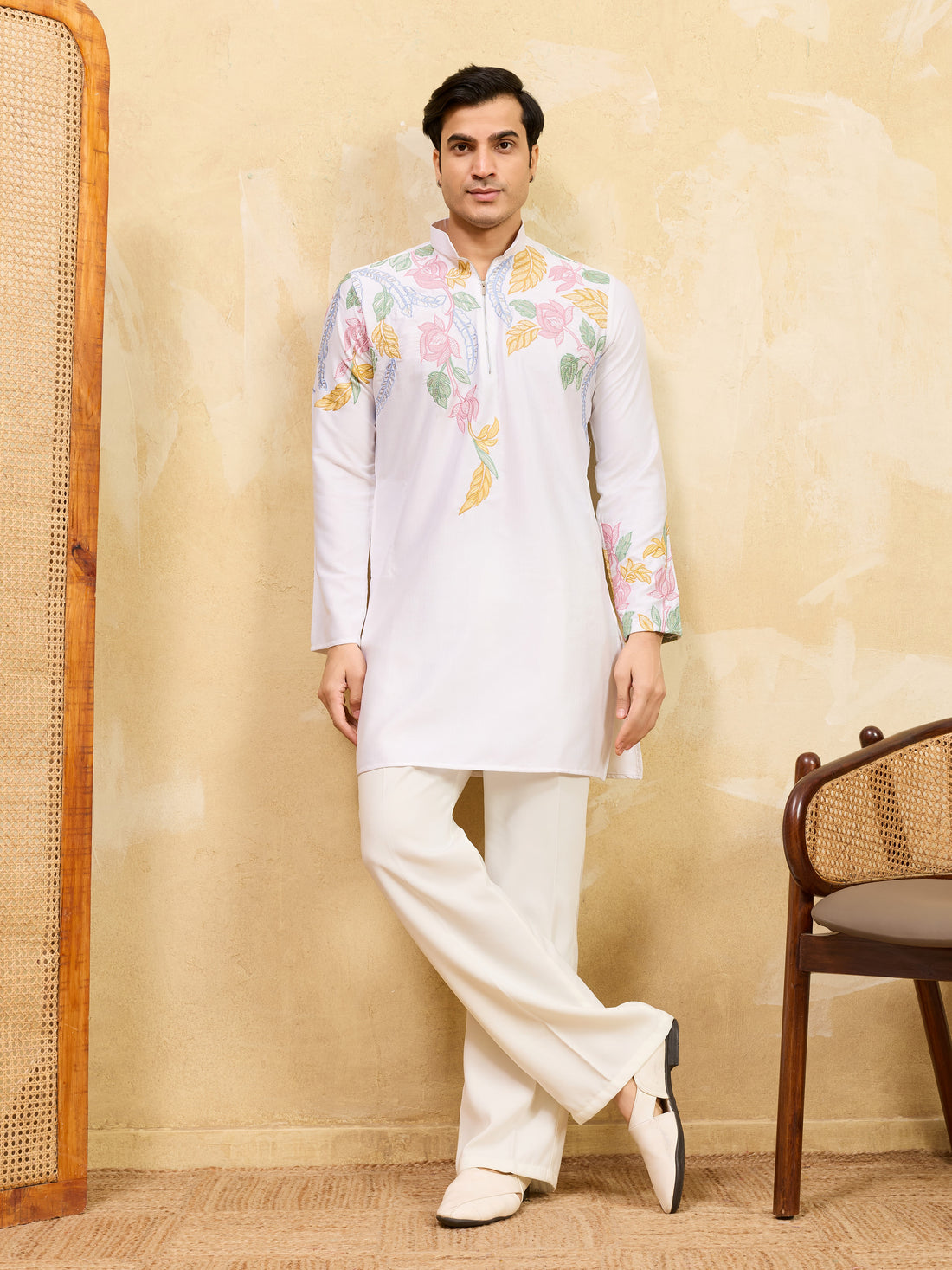Incredible White Thread Embroidered Silk Festival Wear Men's Kurta